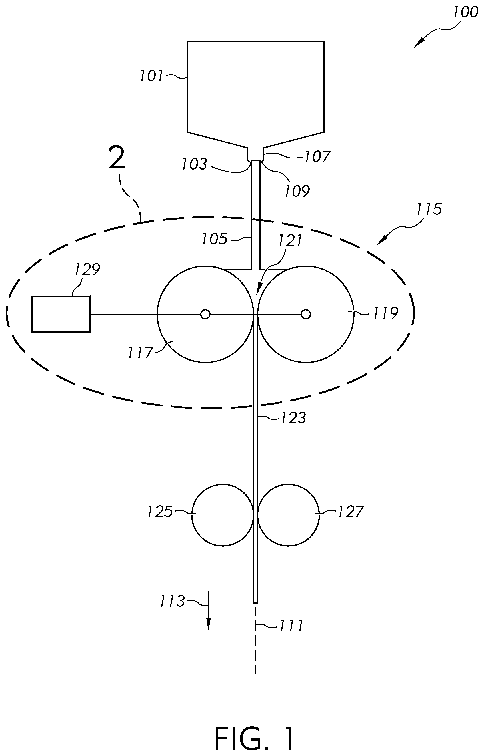 Patent US12338157 Figure 1 – Methods and apparatus for manufacturing a glass ribbon