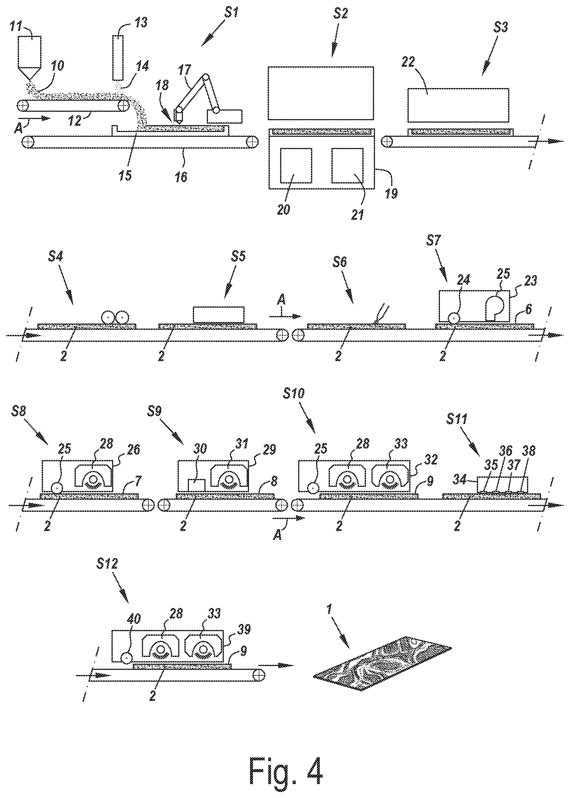 Patent US12338188 Figure 2 – Method for manufacturing a decorative element comprising an engineered stone and a decorative element comprising an engineered stone