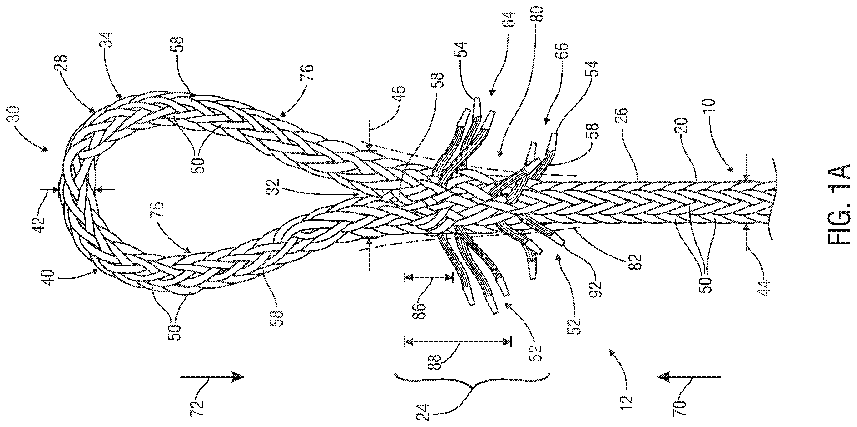 Patent US12338577 Figure 1 – Rope eye splice and systems, apparatus and methods for forming an eye in a rope