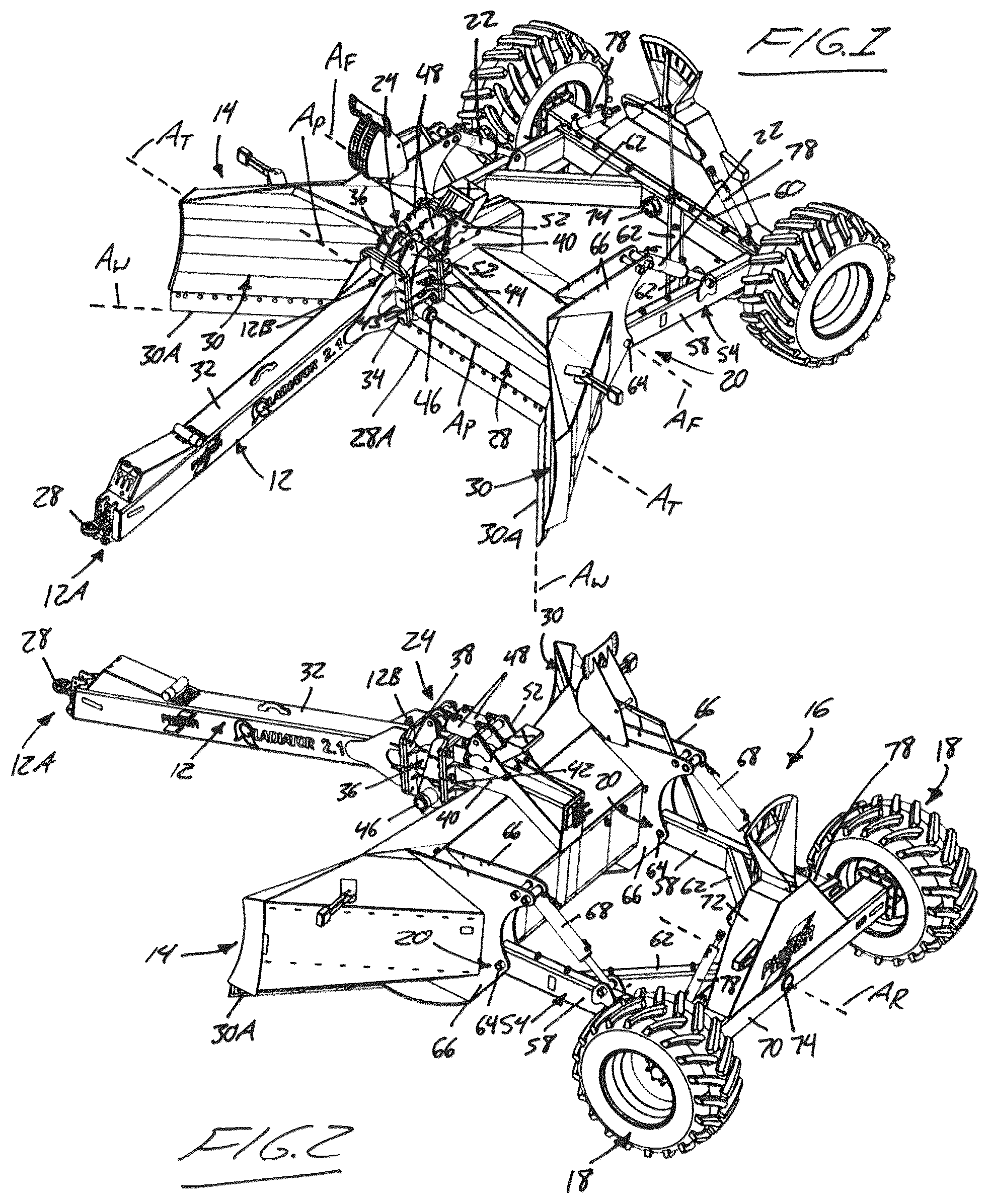 Patent US12338603 Figure 1 – Towed earth moving implement with fixed-winged pitch-adjustable blade assembly