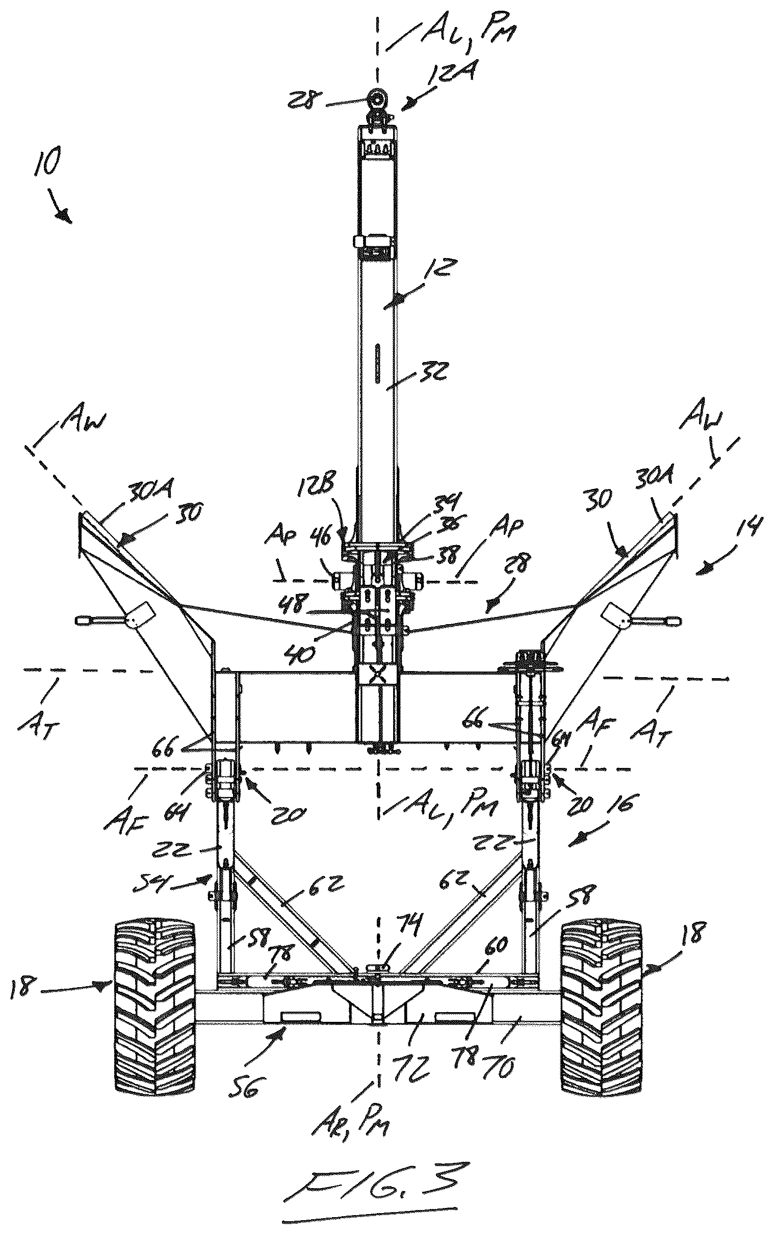 Patent US12338603 Figure 2 – Towed earth moving implement with fixed-winged pitch-adjustable blade assembly