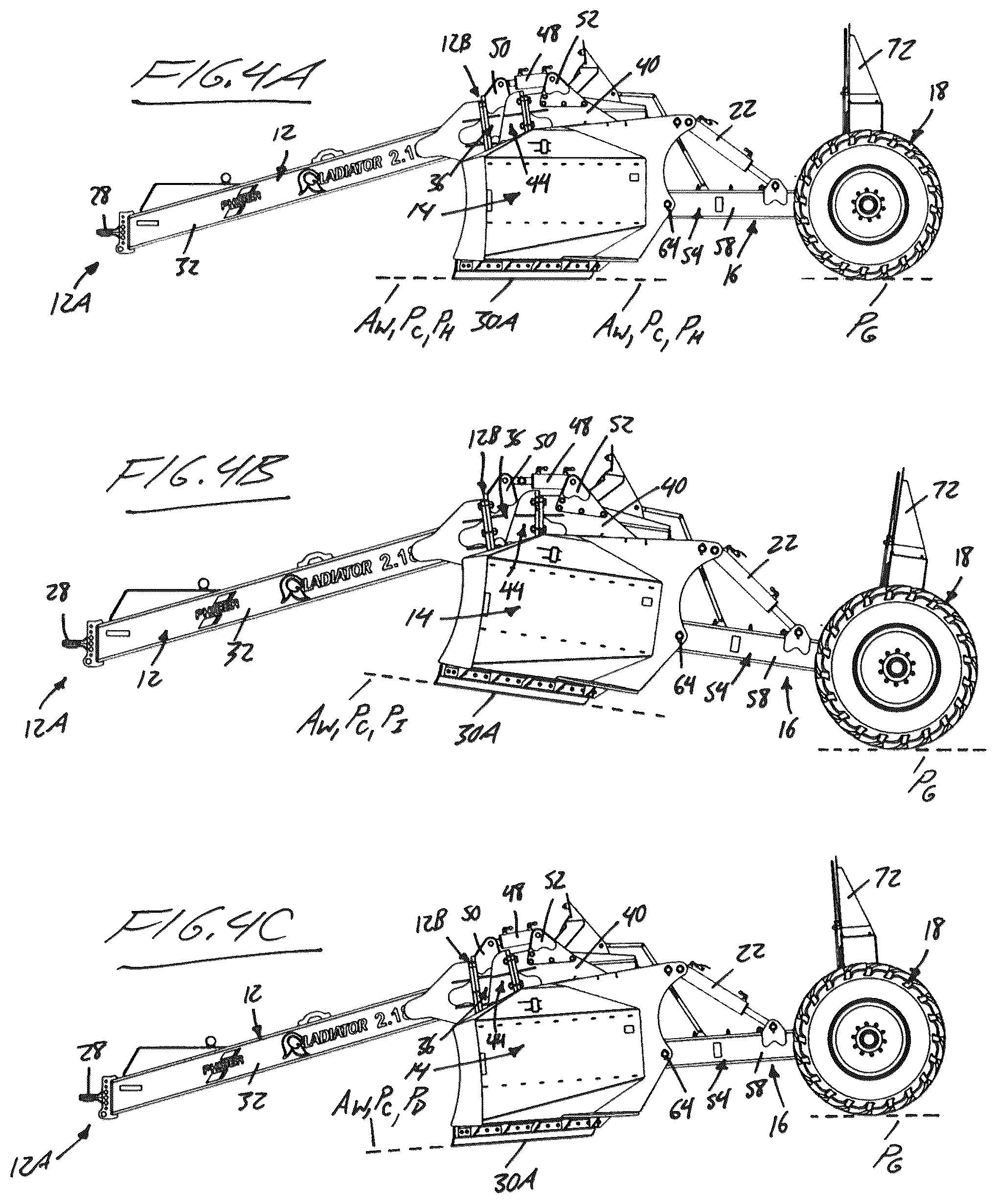 Patent US12338603 Figure 3 – Towed earth moving implement with fixed-winged pitch-adjustable blade assembly