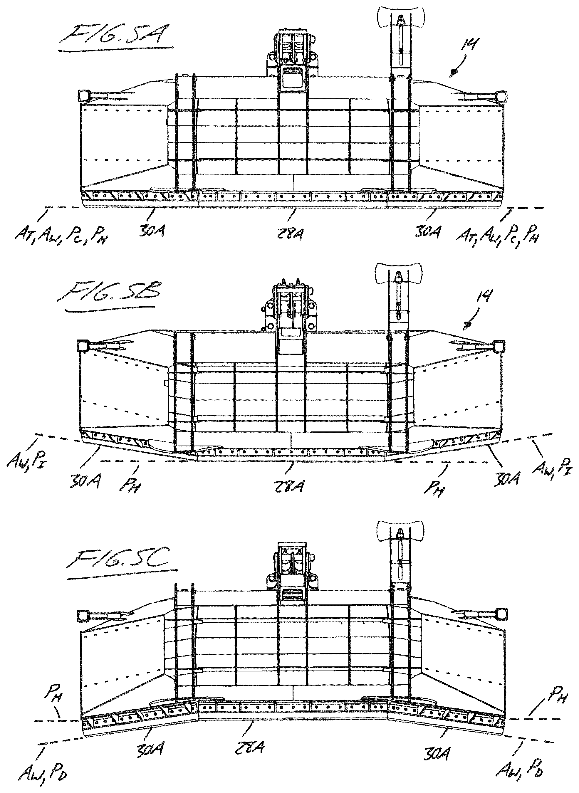 Patent US12338603 Figure 4 – Towed earth moving implement with fixed-winged pitch-adjustable blade assembly
