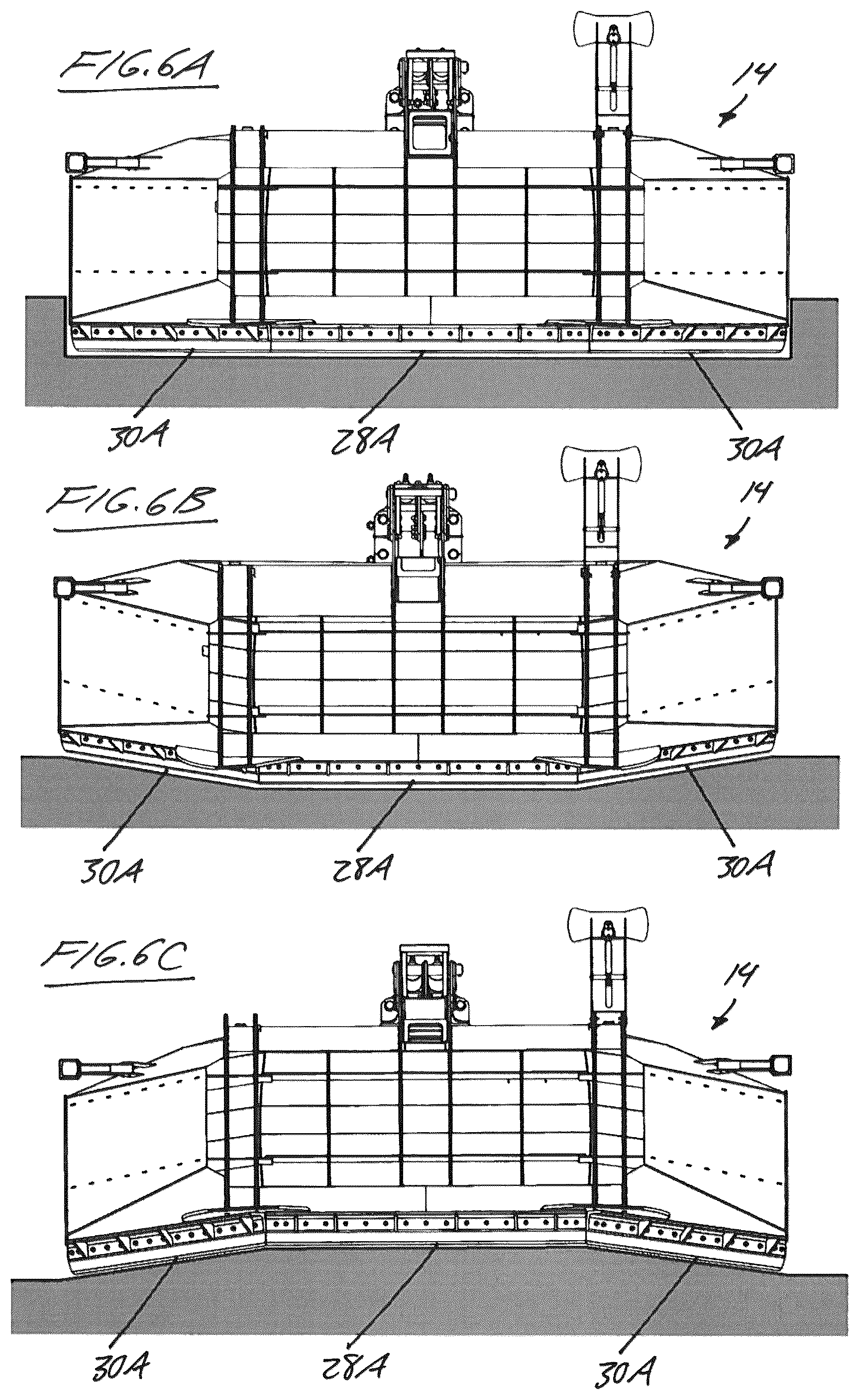 Patent US12338603 Figure 5 – Towed earth moving implement with fixed-winged pitch-adjustable blade assembly