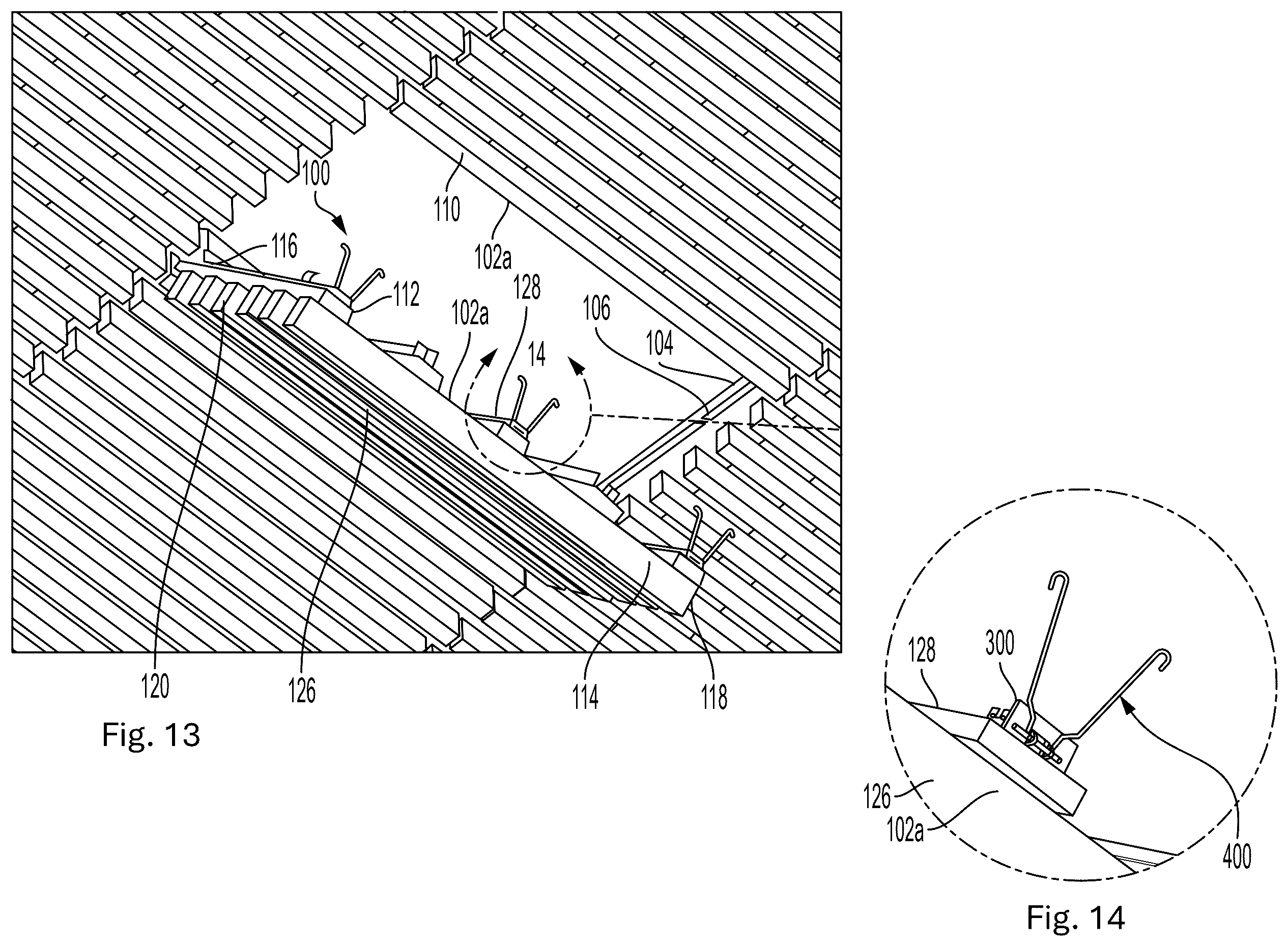 Patent US12338623 Figure 4 – Attachment components and system for ceiling panels