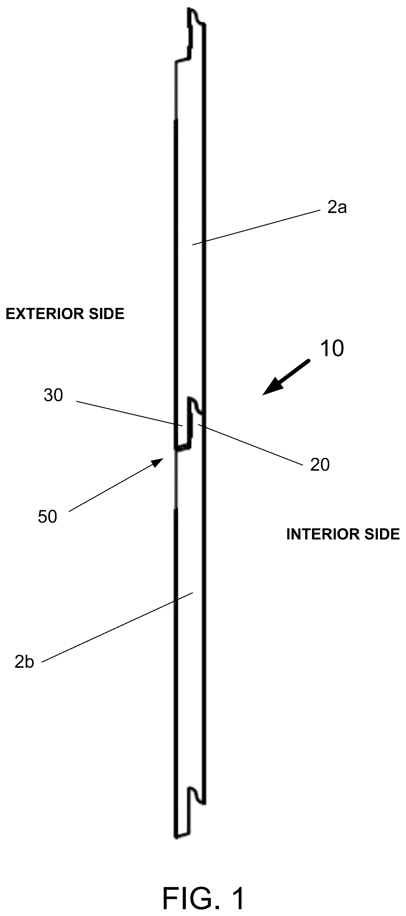 Patent US12338636 Figure 1 – Nickel-gap flat siding product with locking joint