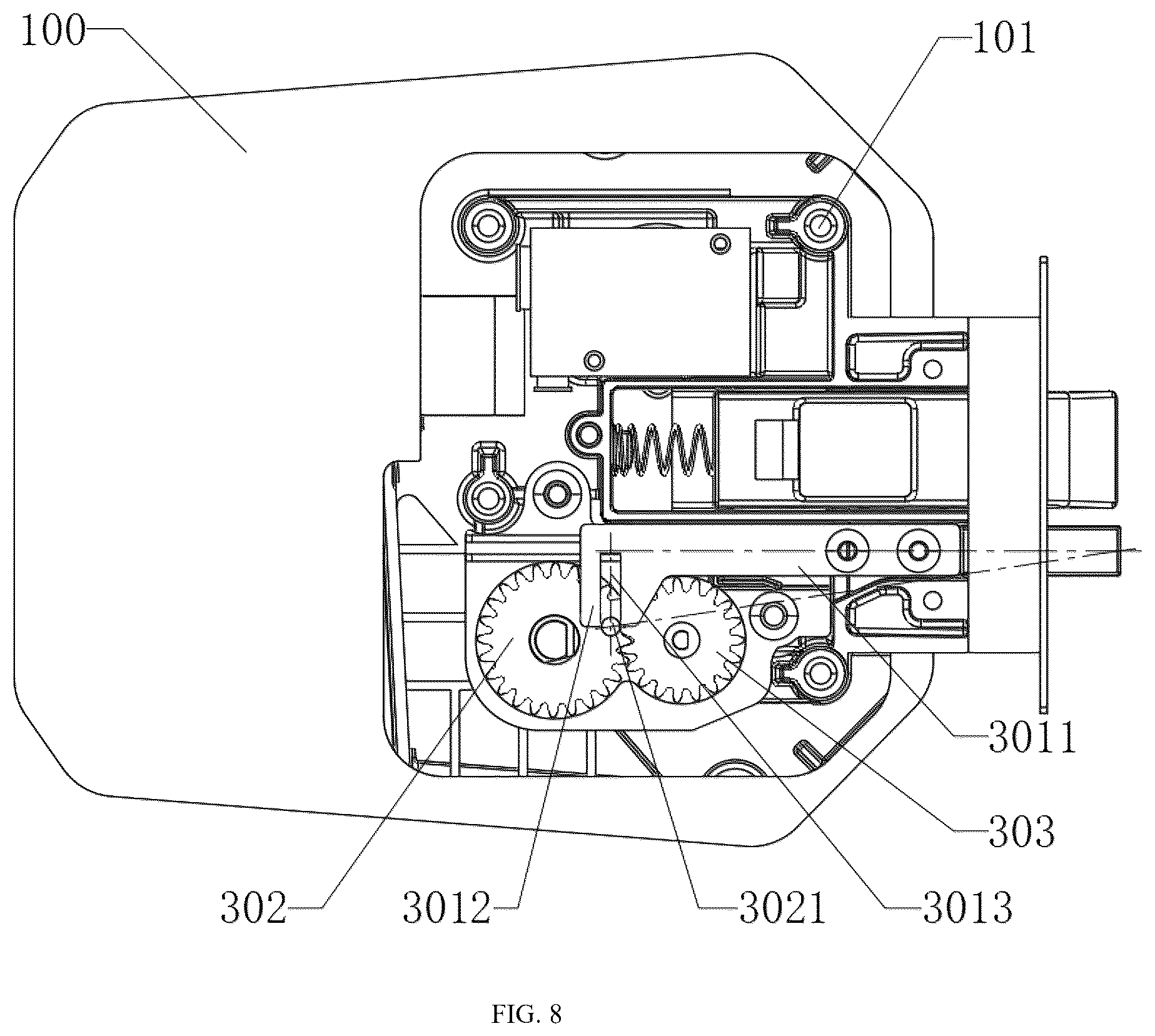 Patent US12338666 Figure 8 – Transmission device for door lock of recreational vehicle