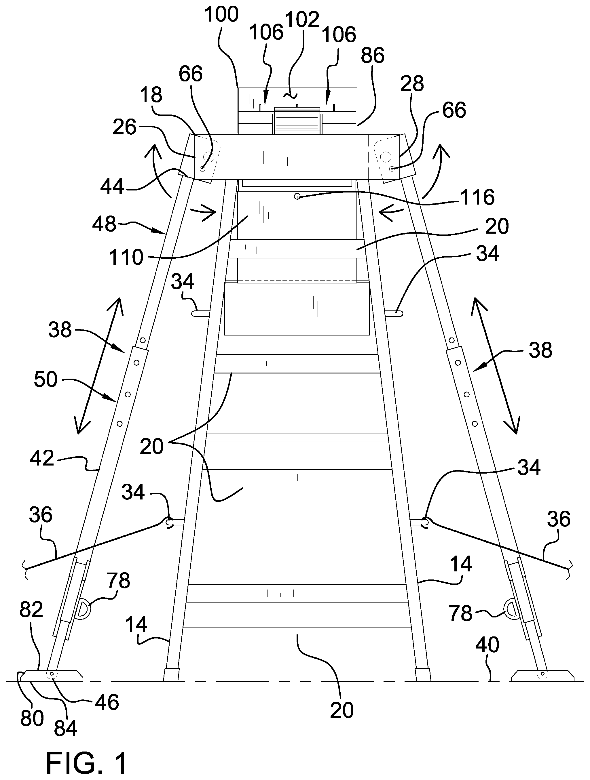 Patent US12338685 Figure 1 – Stabilized ladder assembly