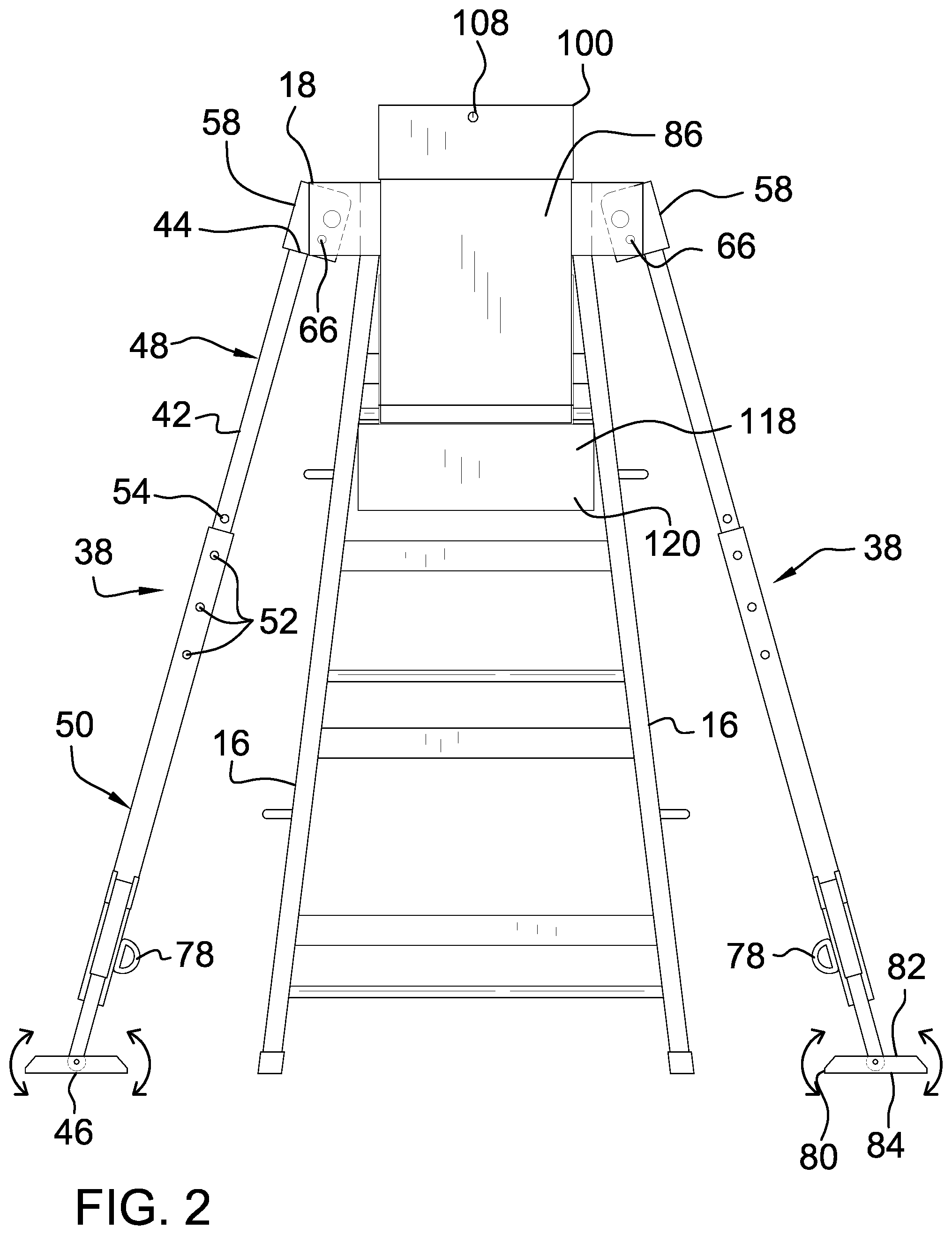 Patent US12338685 Figure 2 – Stabilized ladder assembly