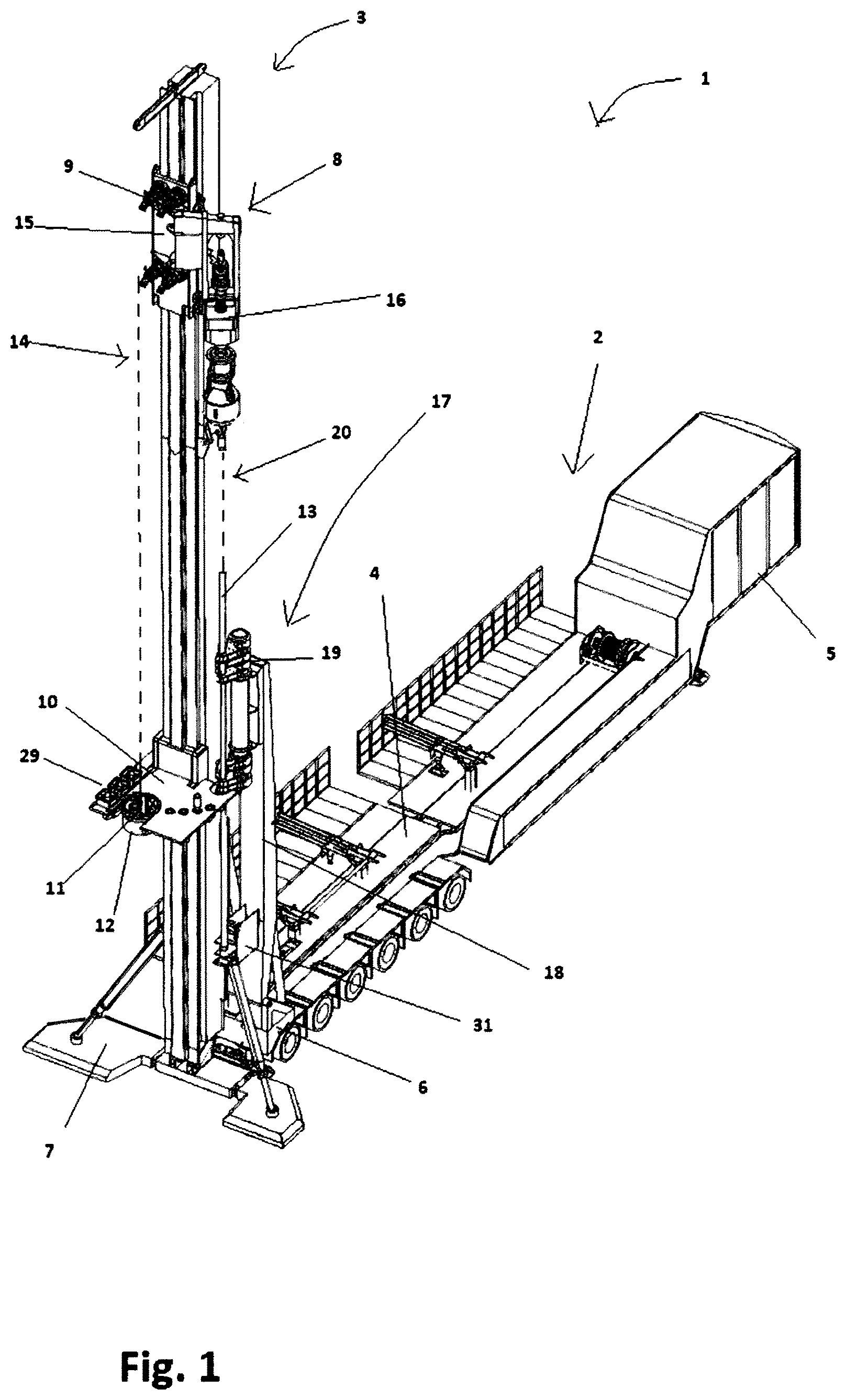 Patent US12338695 Figure 1 – Mobile land rig with a pivotal top drive unit