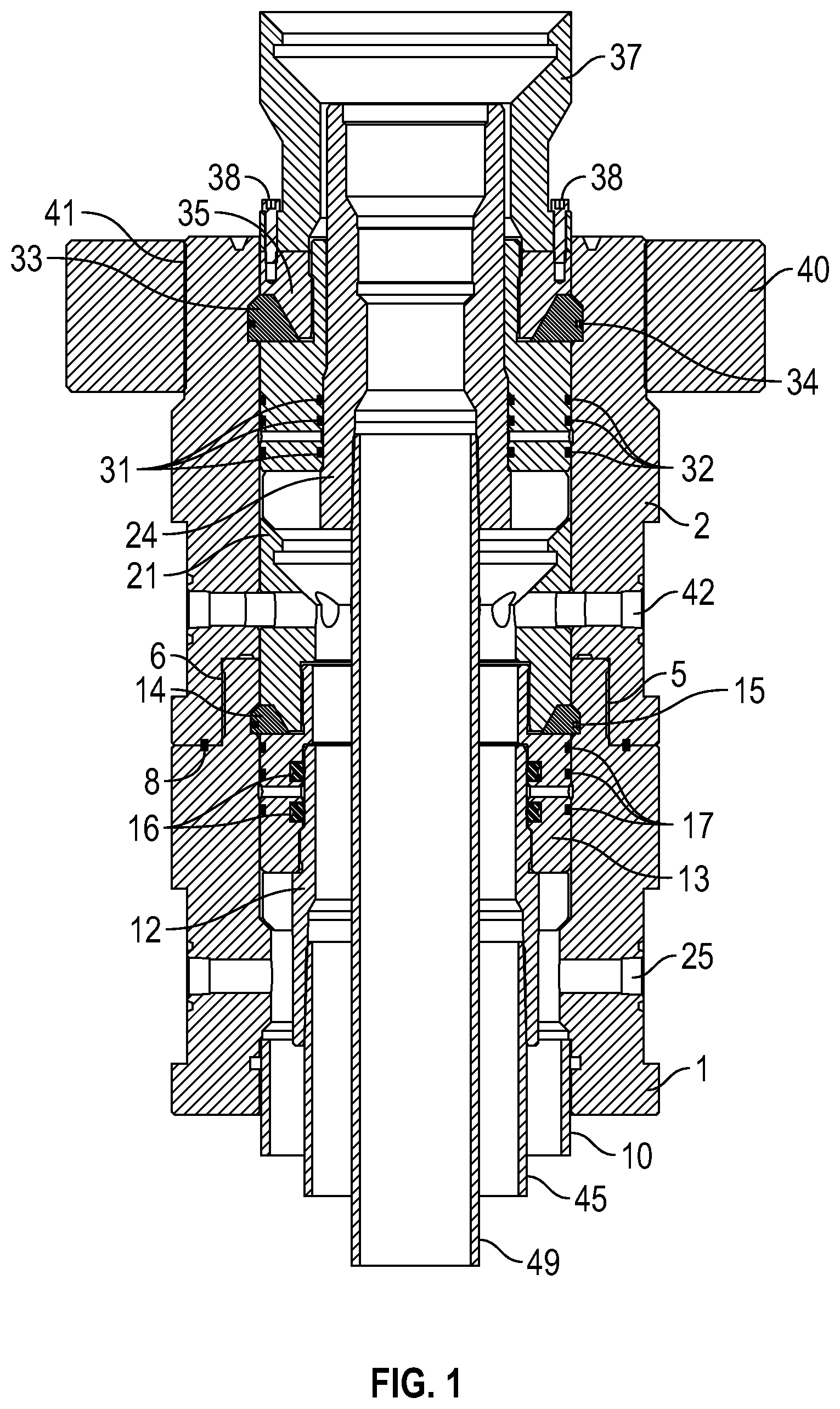 Patent US12338702 Figure 1 – Oilfield unitized wellhead with integrated internal hanger retainer system