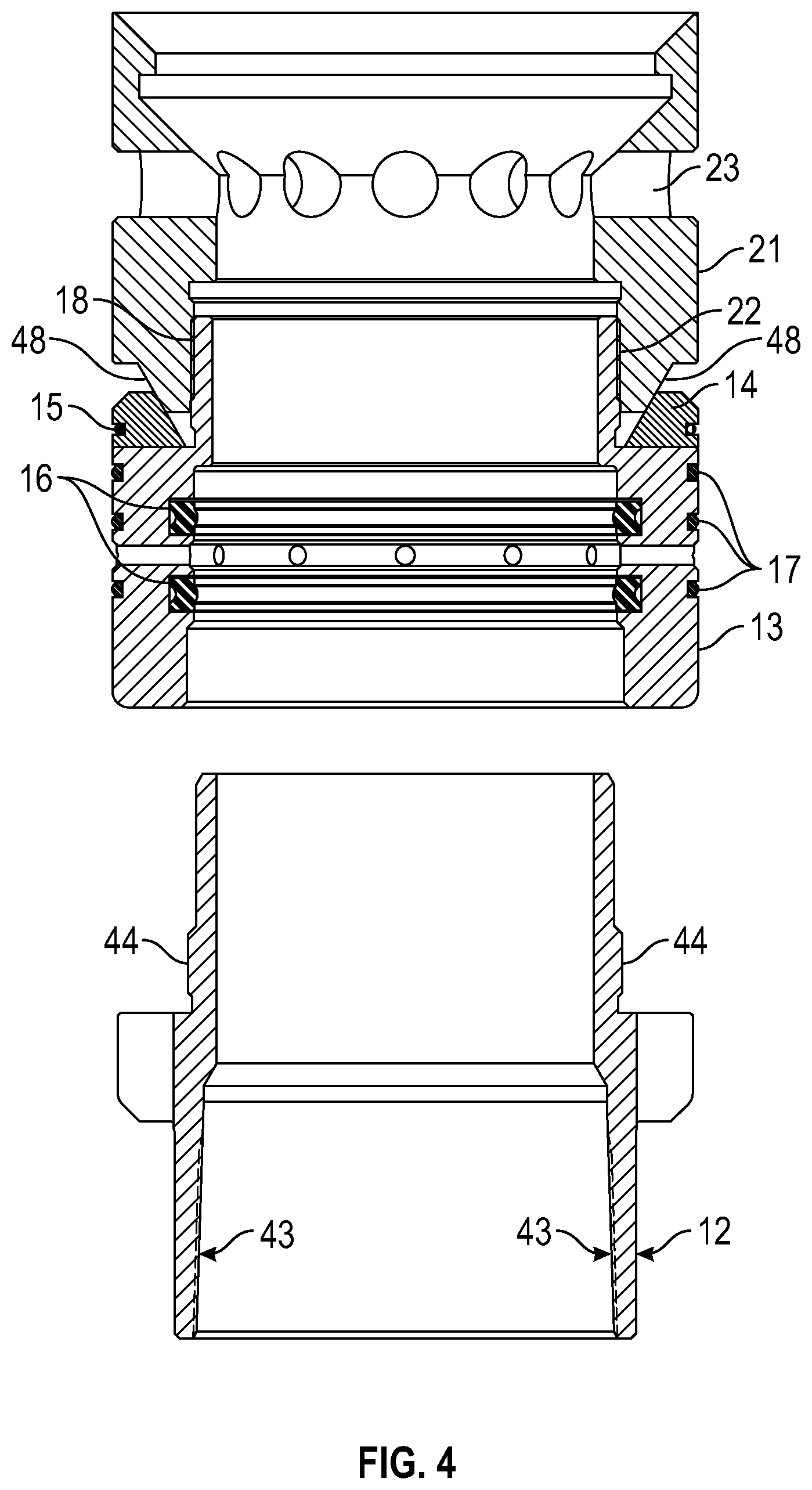 Patent US12338702 Figure 4 – Oilfield unitized wellhead with integrated internal hanger retainer system