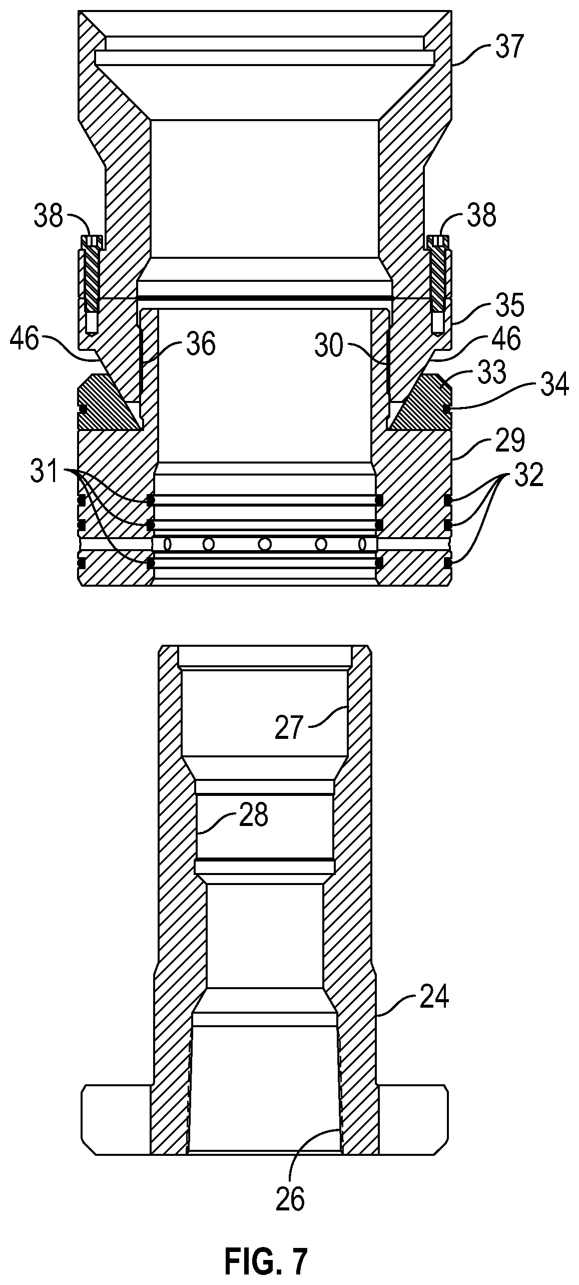 Patent US12338702 Figure 7 – Oilfield unitized wellhead with integrated internal hanger retainer system