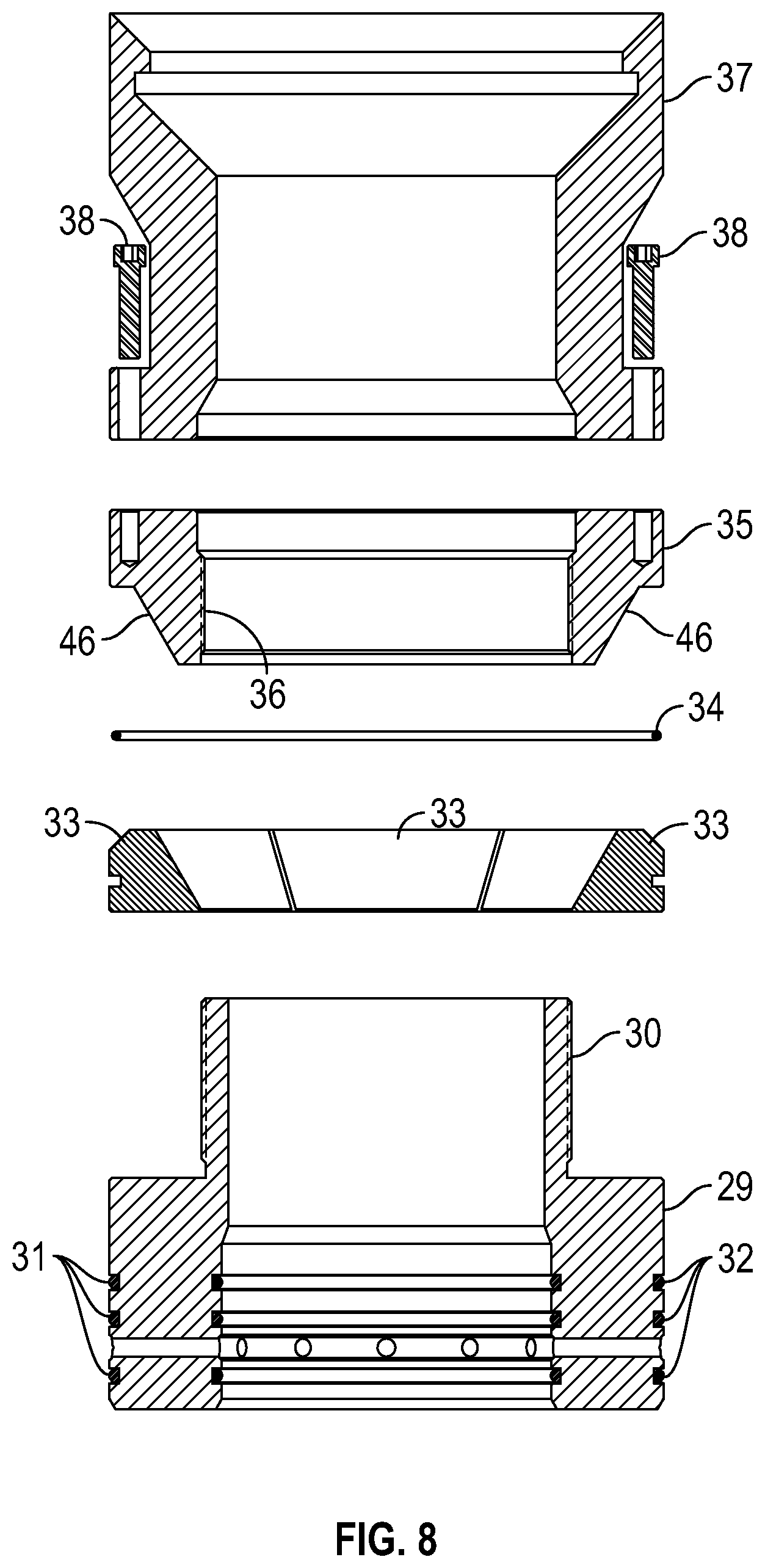Patent US12338702 Figure 8 – Oilfield unitized wellhead with integrated internal hanger retainer system