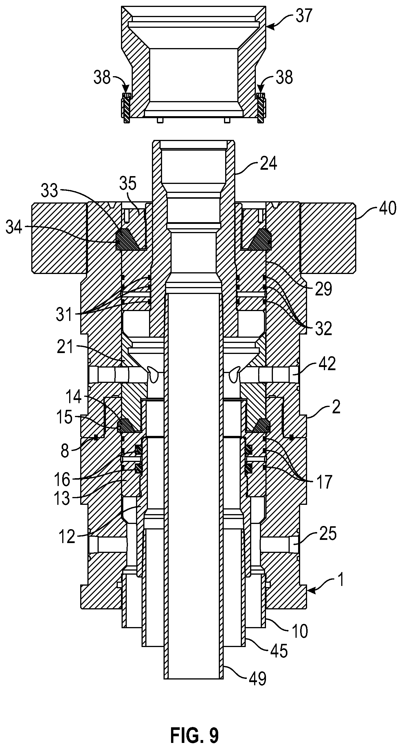 Patent US12338702 Figure 9 – Oilfield unitized wellhead with integrated internal hanger retainer system