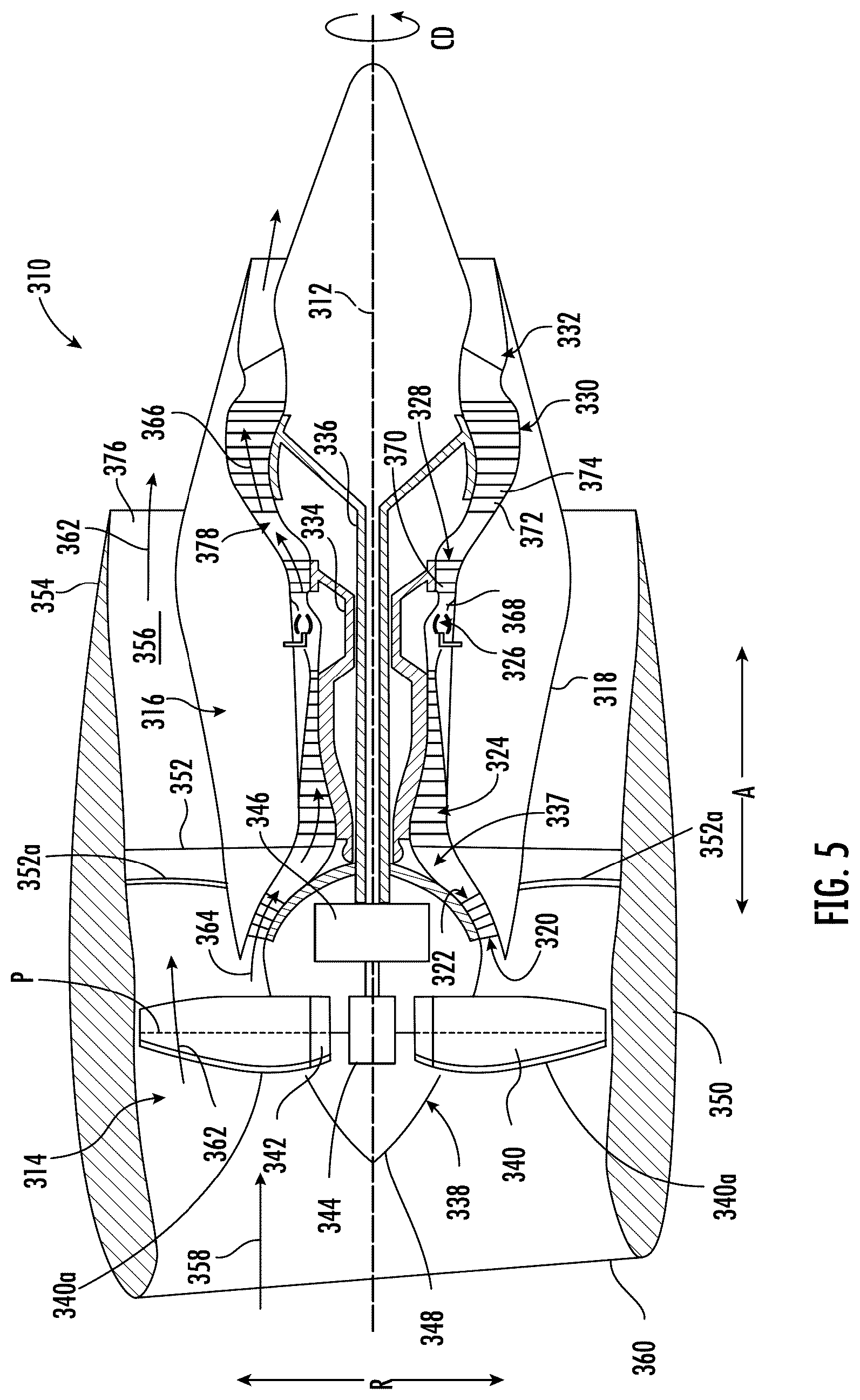 Patent US12338747 Figure 5 – Turbine engine with composite airfoils