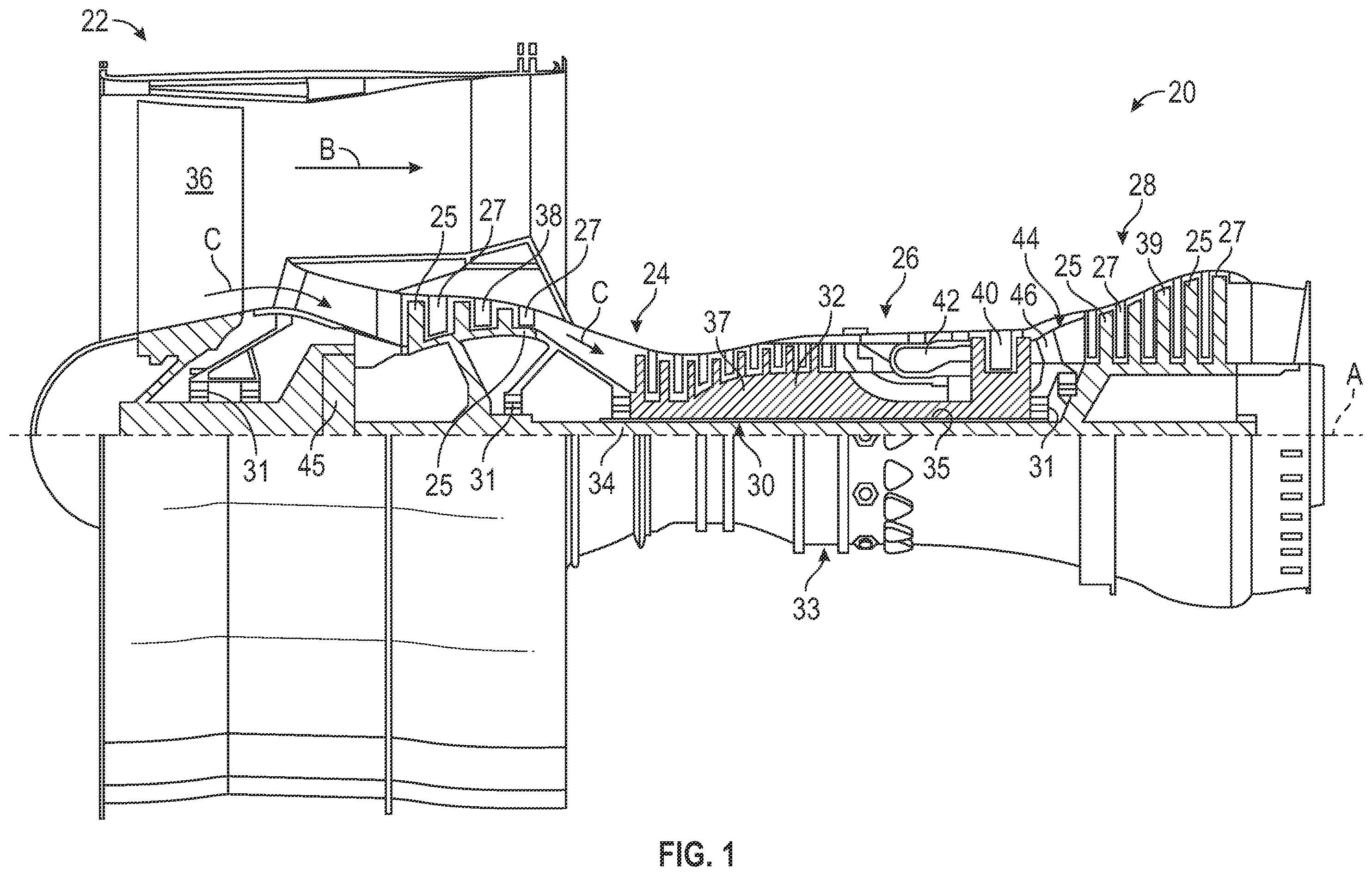 Patent US12338748 Figure 1 – Integrated axial compressor diffuser and high pressure turbine vane assembly