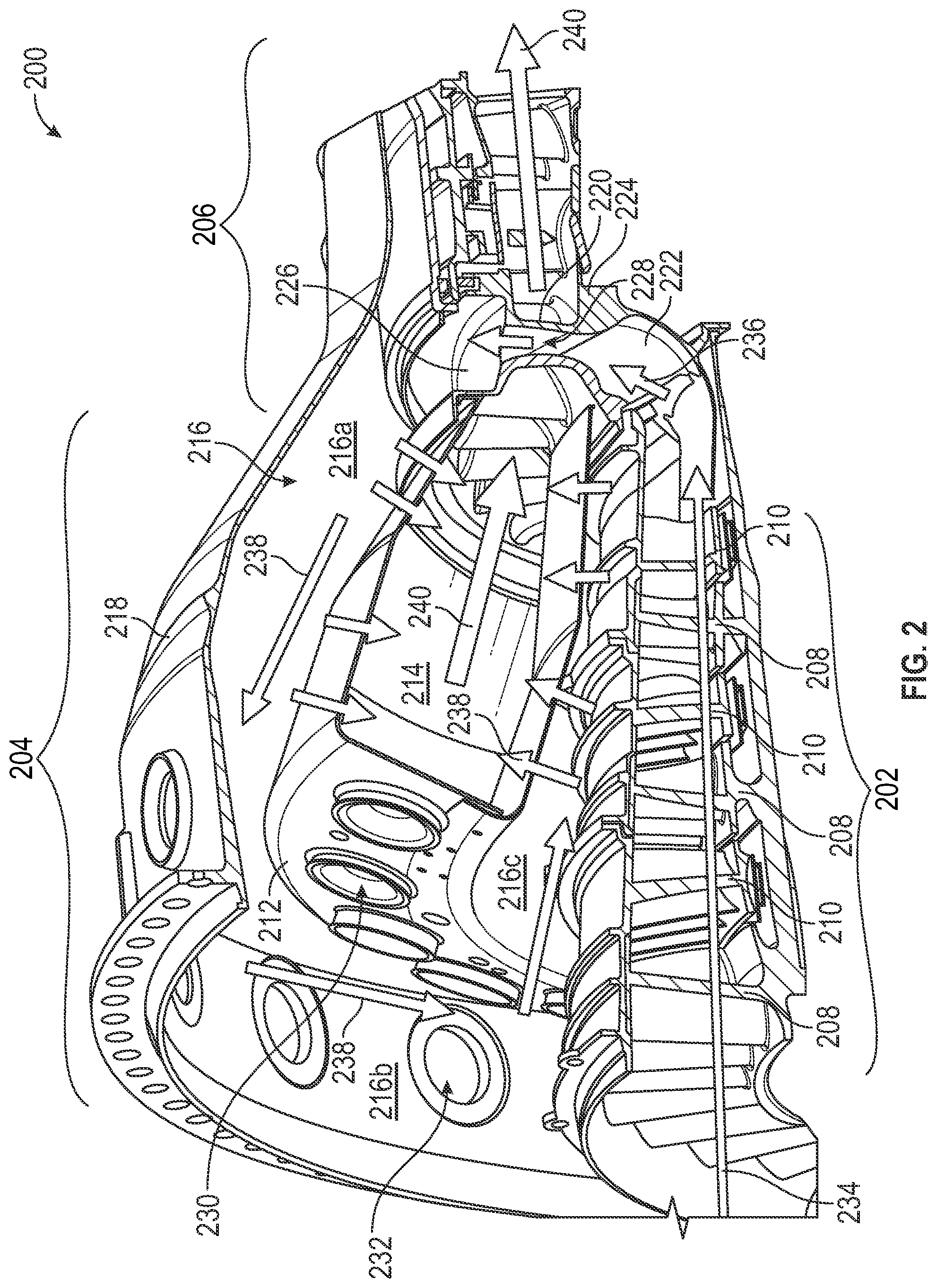 Patent US12338748 Figure 2 – Integrated axial compressor diffuser and high pressure turbine vane assembly