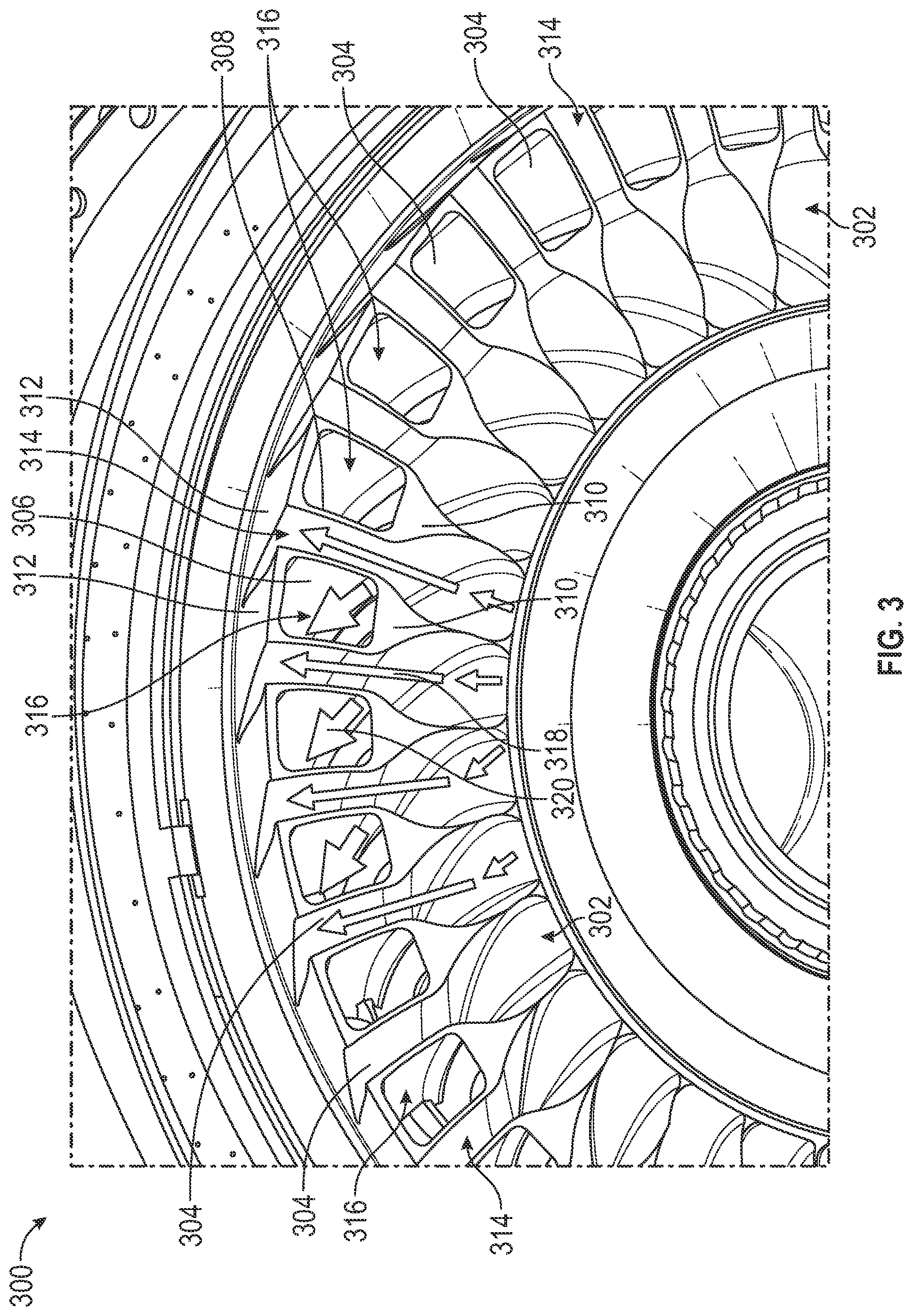 Patent US12338748 Figure 3 – Integrated axial compressor diffuser and high pressure turbine vane assembly