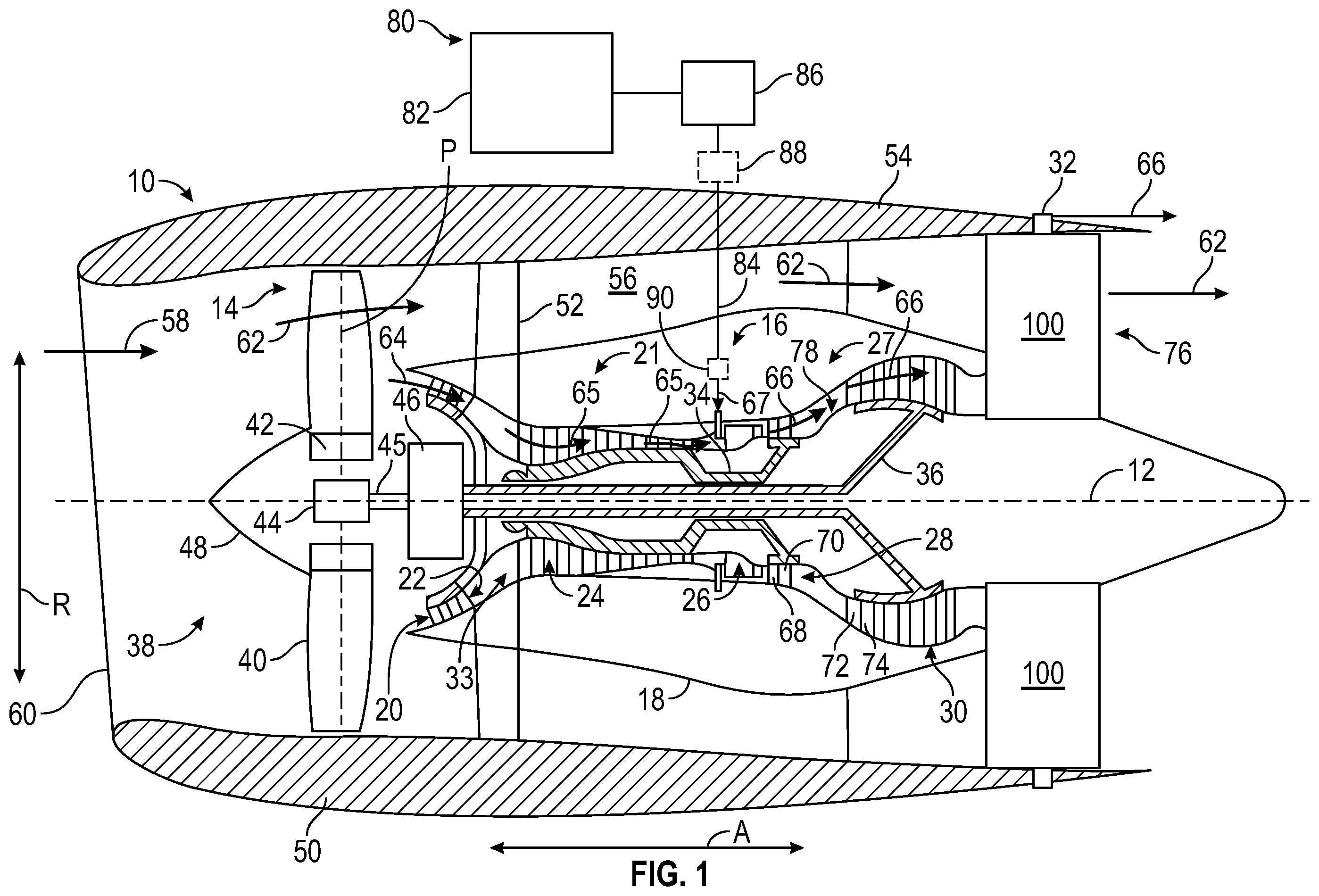 Patent US12338769 Figure 1 – Turbine engine including a steam system