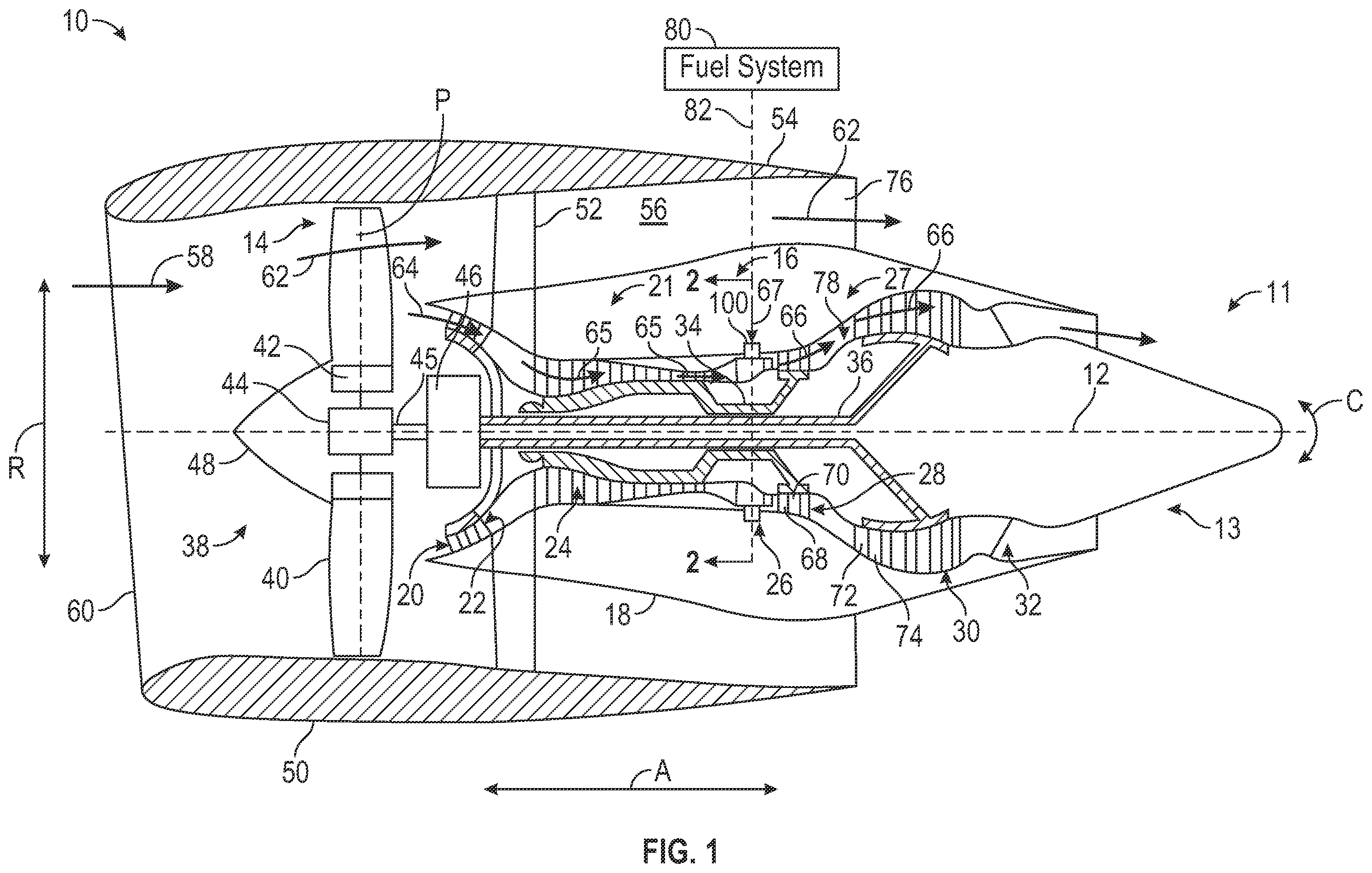 Patent US12338774 Figure 1 – Fuel injector manifold having a variable fuel flow system for a turbine engine