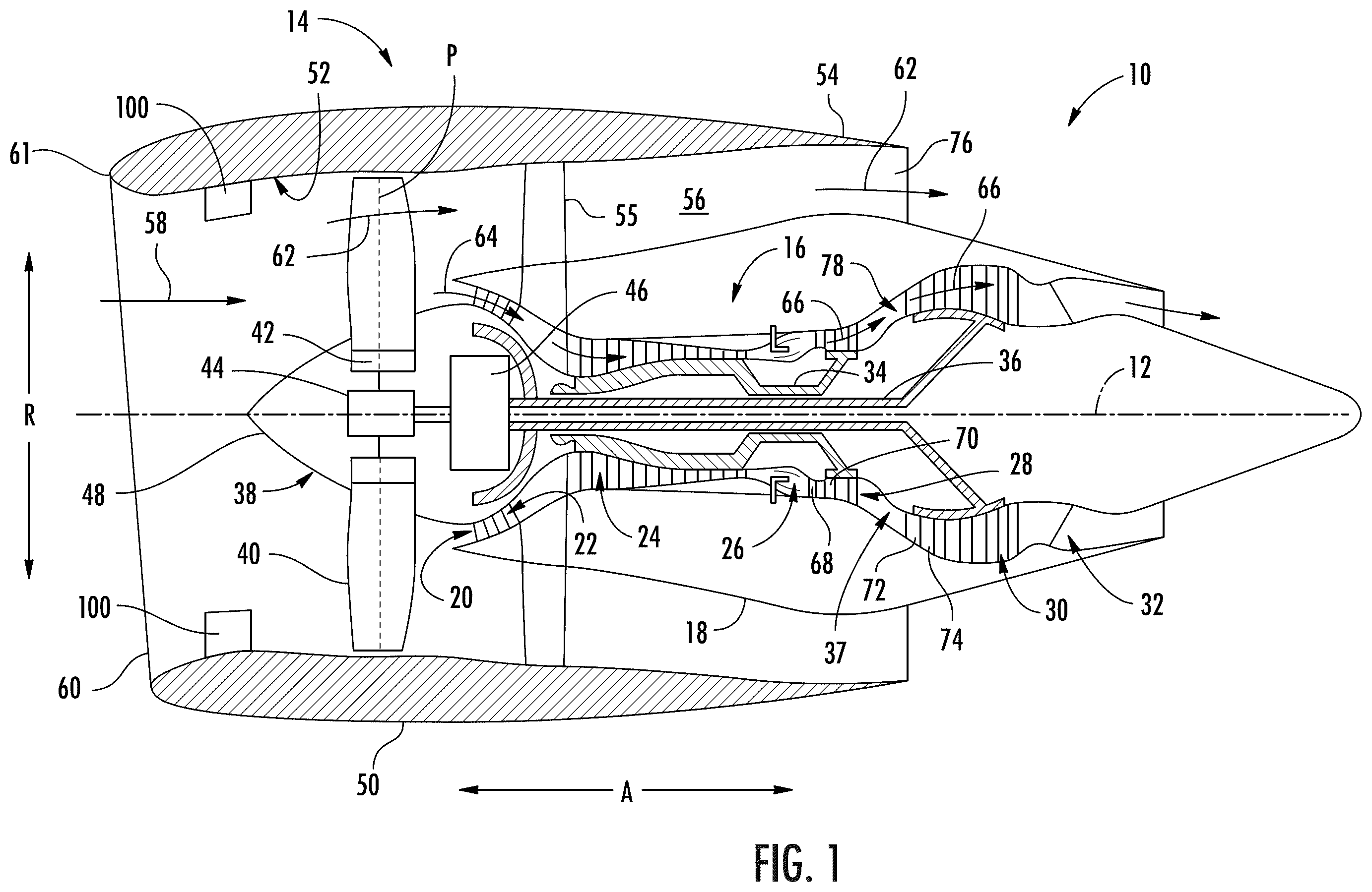 Patent US12338837 Figure 1 – Turbofan engine having angled inlet pre-swirl vanes