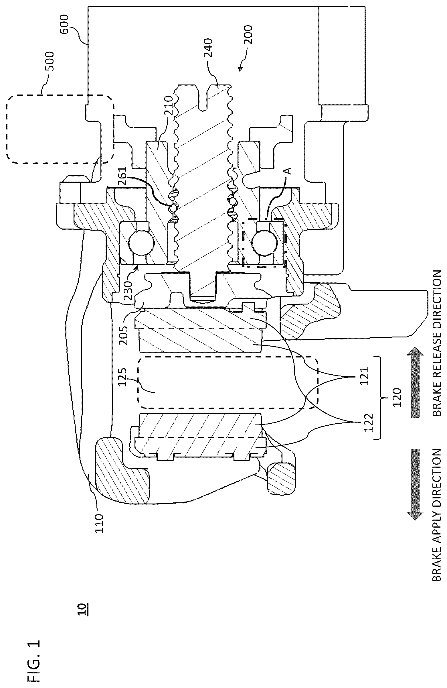 Patent US12338858 Figure 1 – Brake assembly with asymmetrical shoulder bearing