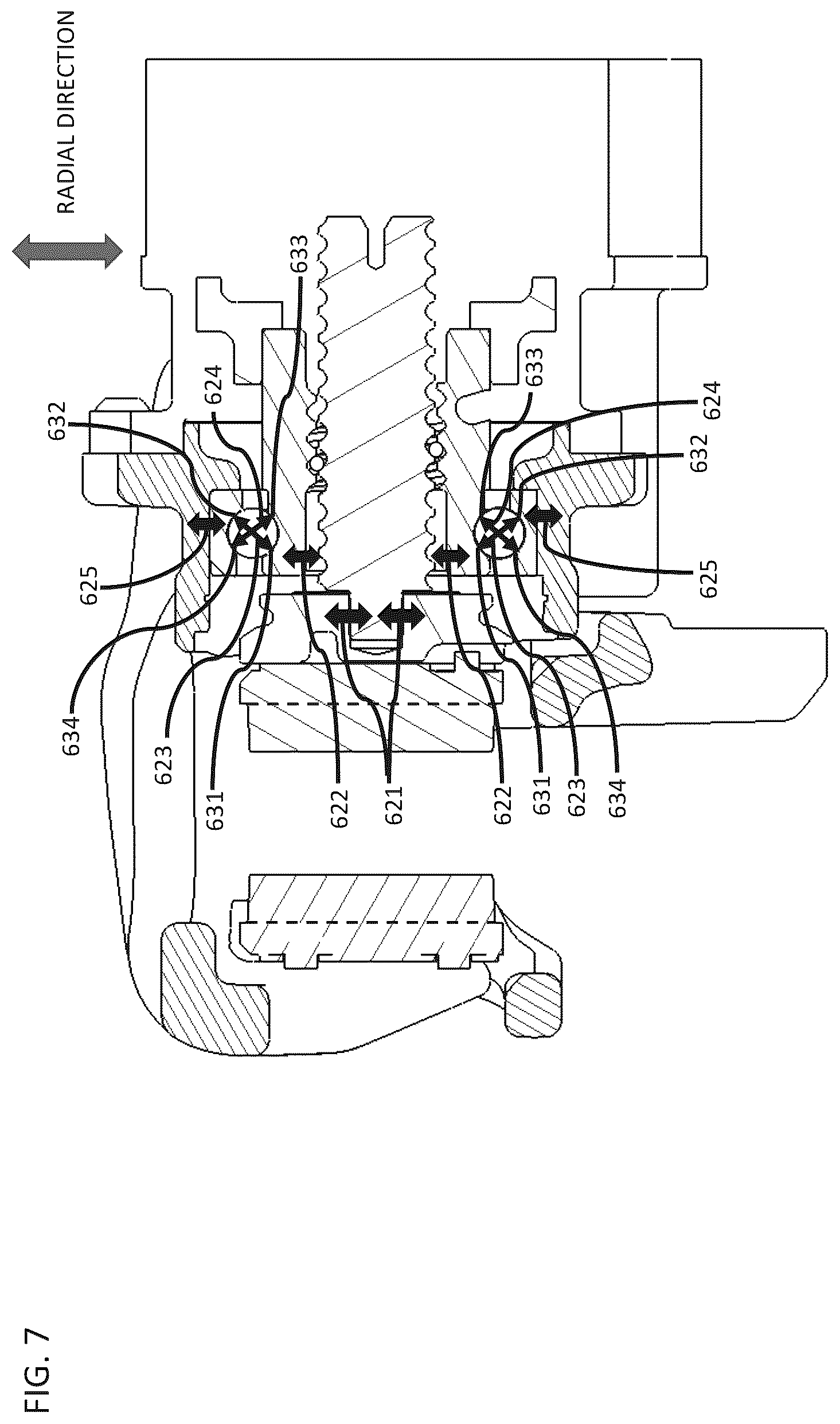 Patent US12338858 Figure 7 – Brake assembly with asymmetrical shoulder bearing