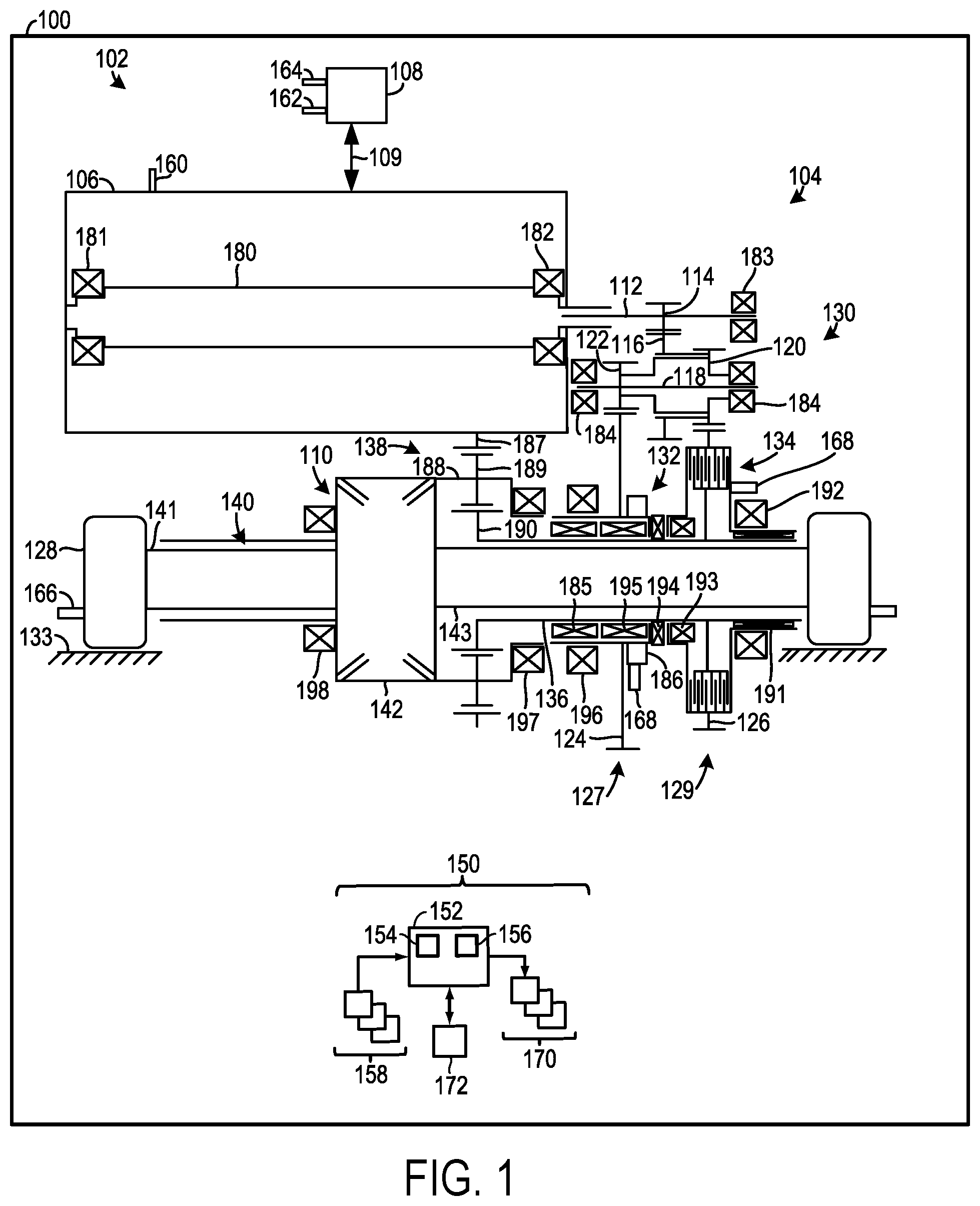 Patent US12338877 Figure 1 – Electric drive axle system with removable planetary gear assembly