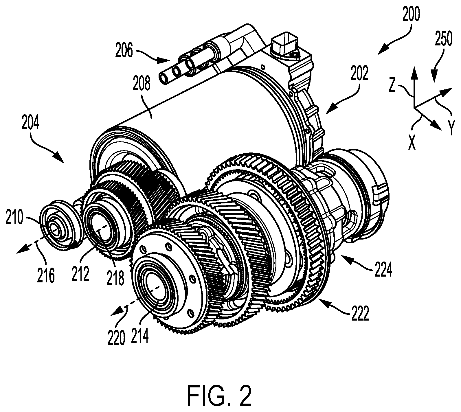 Patent US12338877 Figure 2 – Electric drive axle system with removable planetary gear assembly