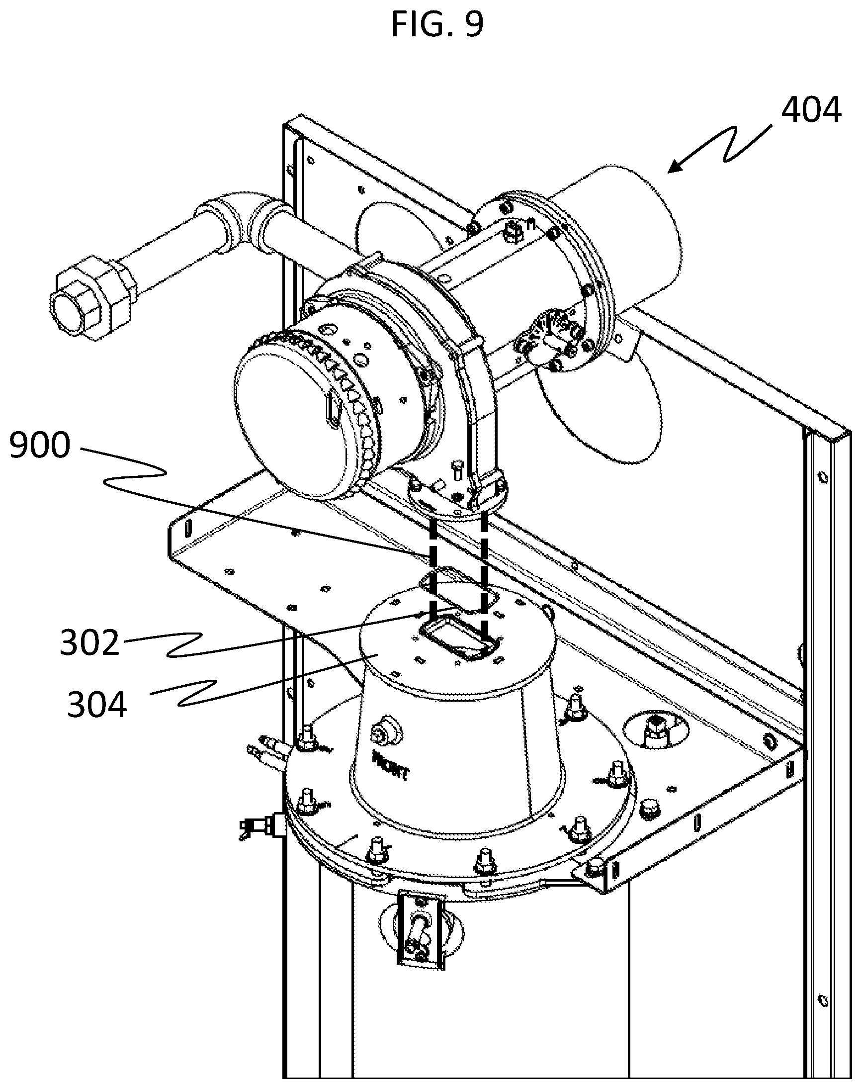 Patent US12338993 Figure 9 – Compact flat plate premix fuel combustion system, and fluid heating system and packaged burner system including the same