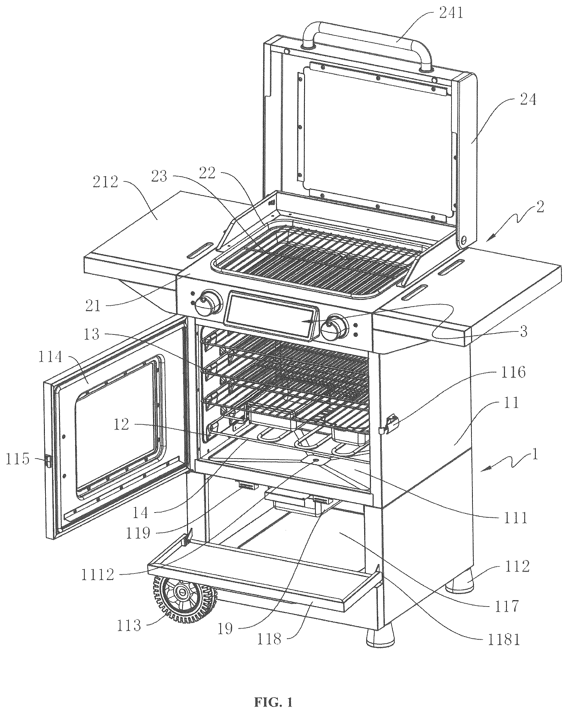 Patent US12339009 Figure 1 – Oven integrated with functions of frying, roasting and smoking