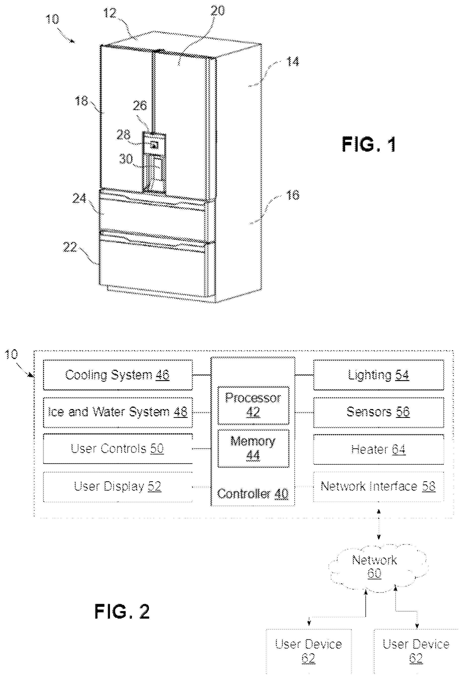 Patent US12339051 Figure 1 – Refrigerator with a thermally conductive component with heater for ice maker