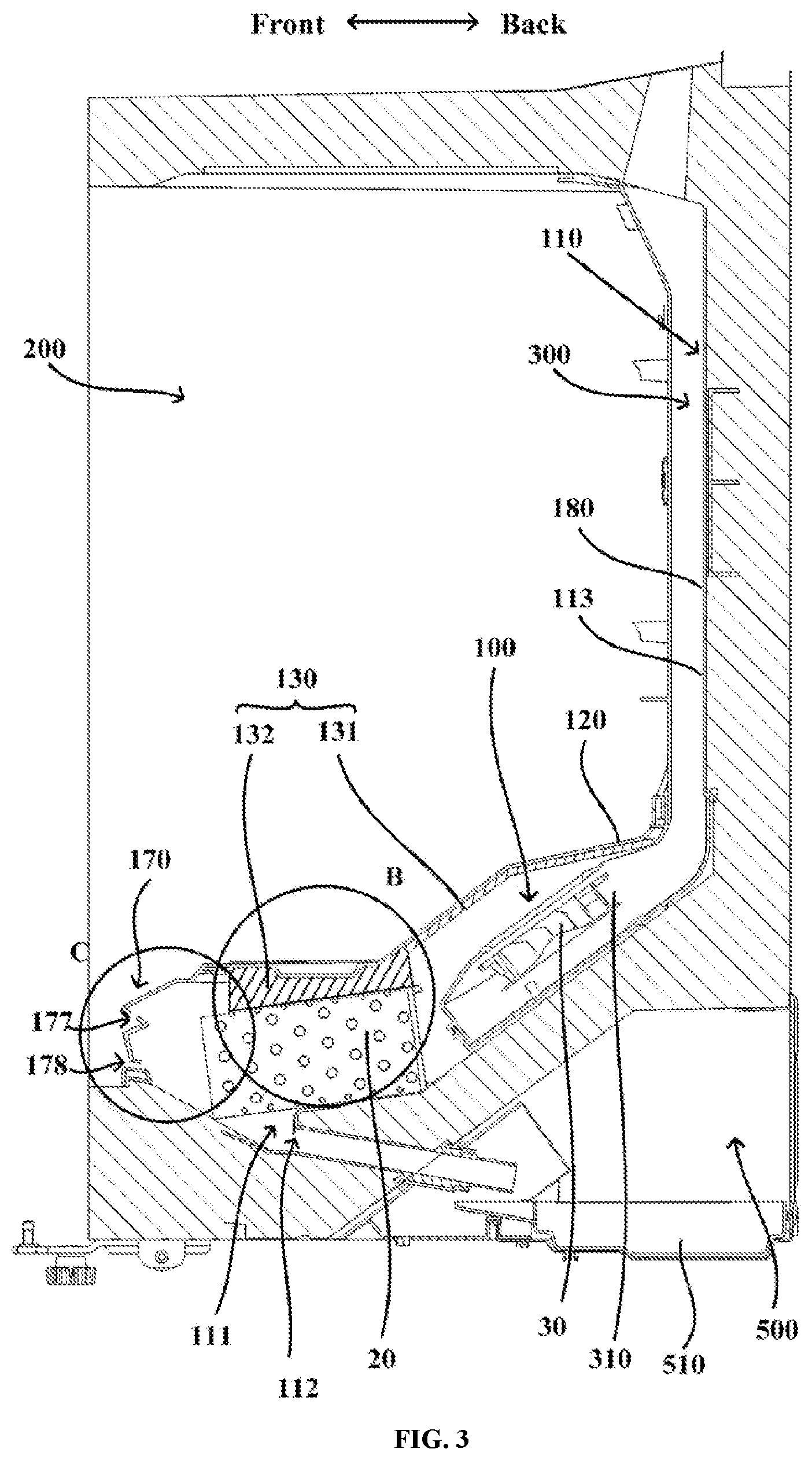 Patent US12339053 Figure 3 – Air-cooled refrigerator with evaporator at bottom of cabinet