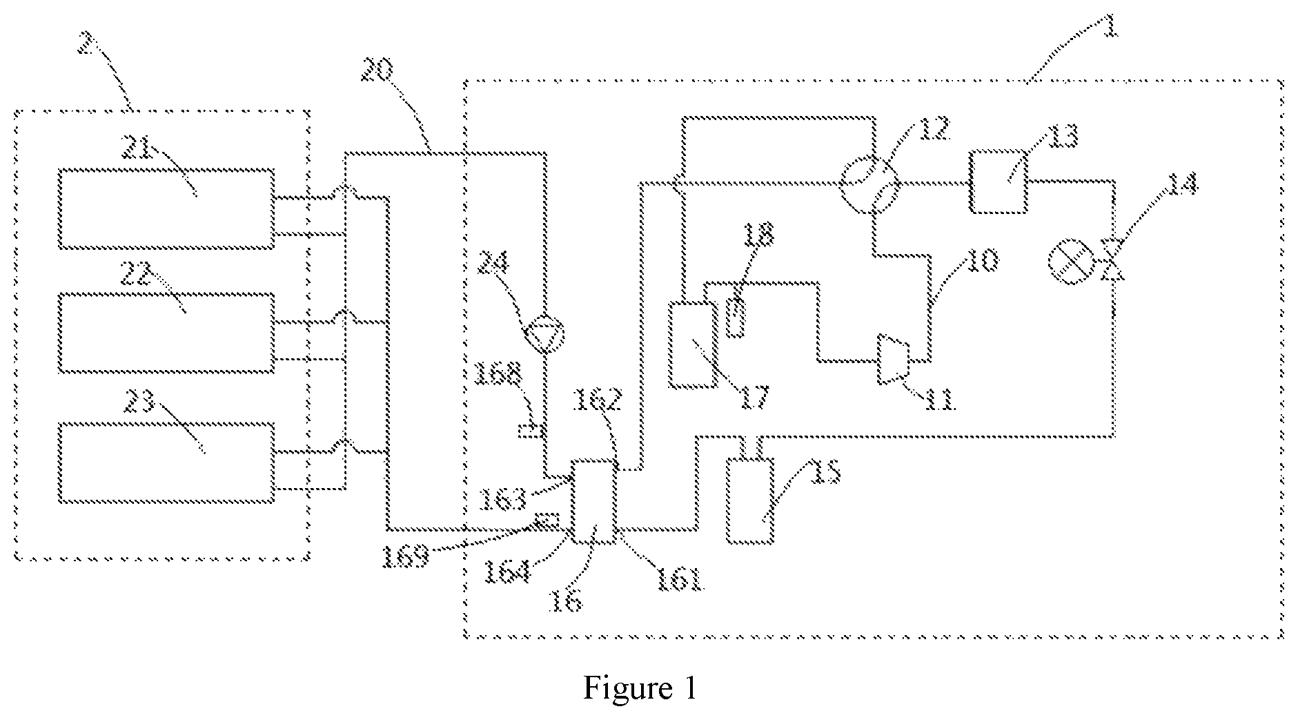 Patent US12339072 Figure 1 – Heat exchanging system and method for determining if the flow of cooling medium is too low