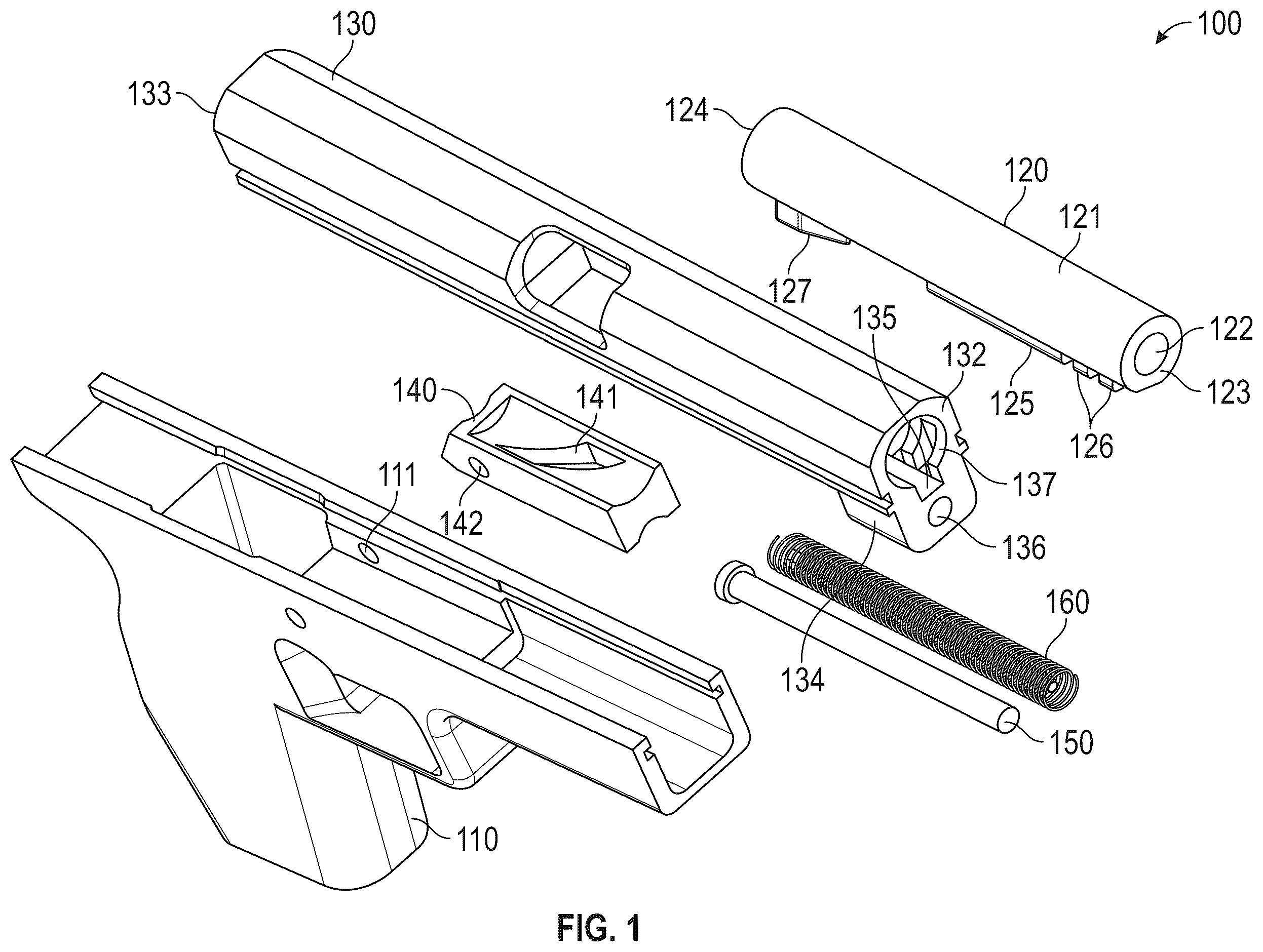Patent US12339086 Figure 1 – Hydraulic dampened high mass rotary barrel recoil system for handgun