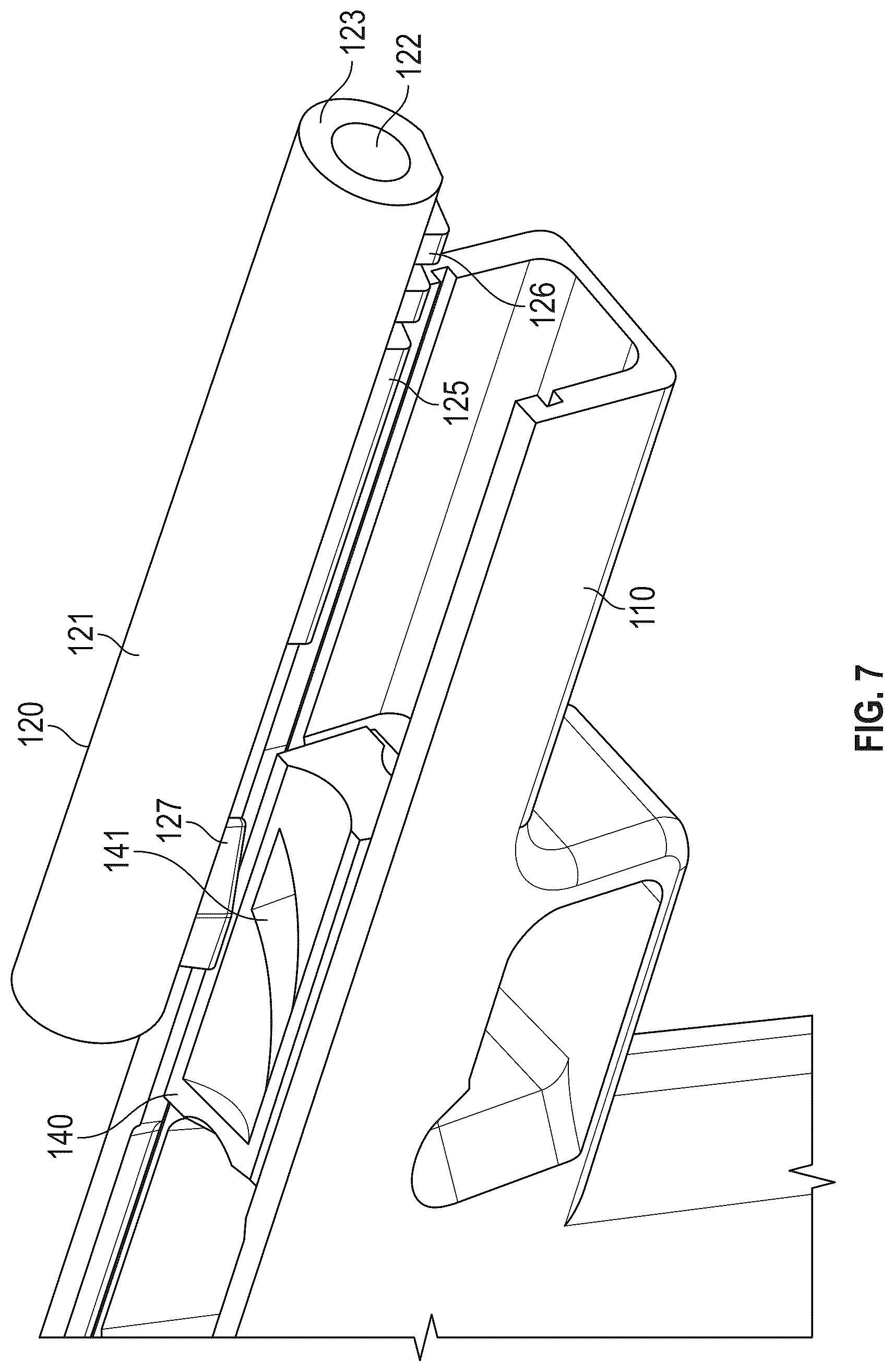 Patent US12339086 Figure 7 – Hydraulic dampened high mass rotary barrel recoil system for handgun
