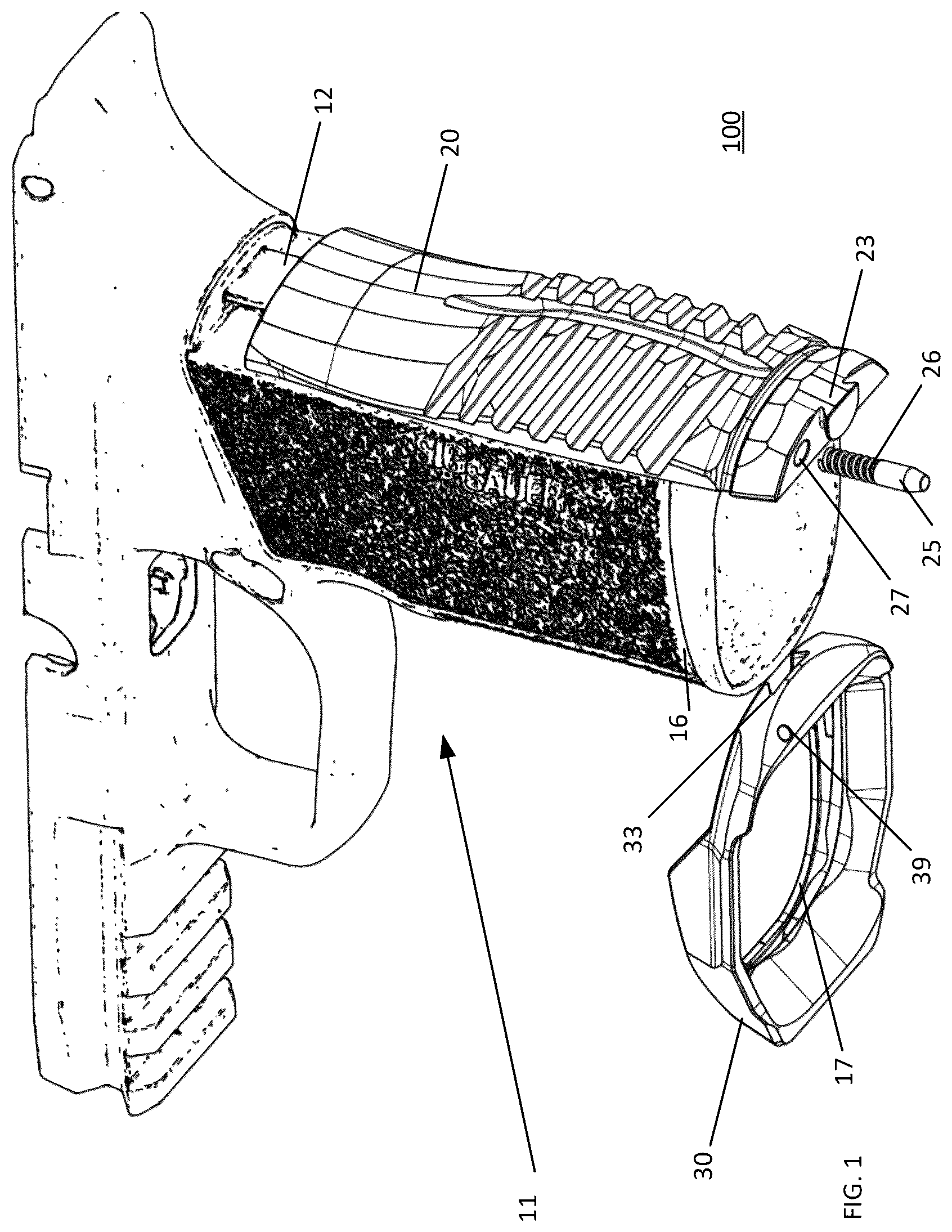 Patent US12339094 Figure 1 – Attaching a grip attachment or other attachment in a recoil environment at threadless region(s)