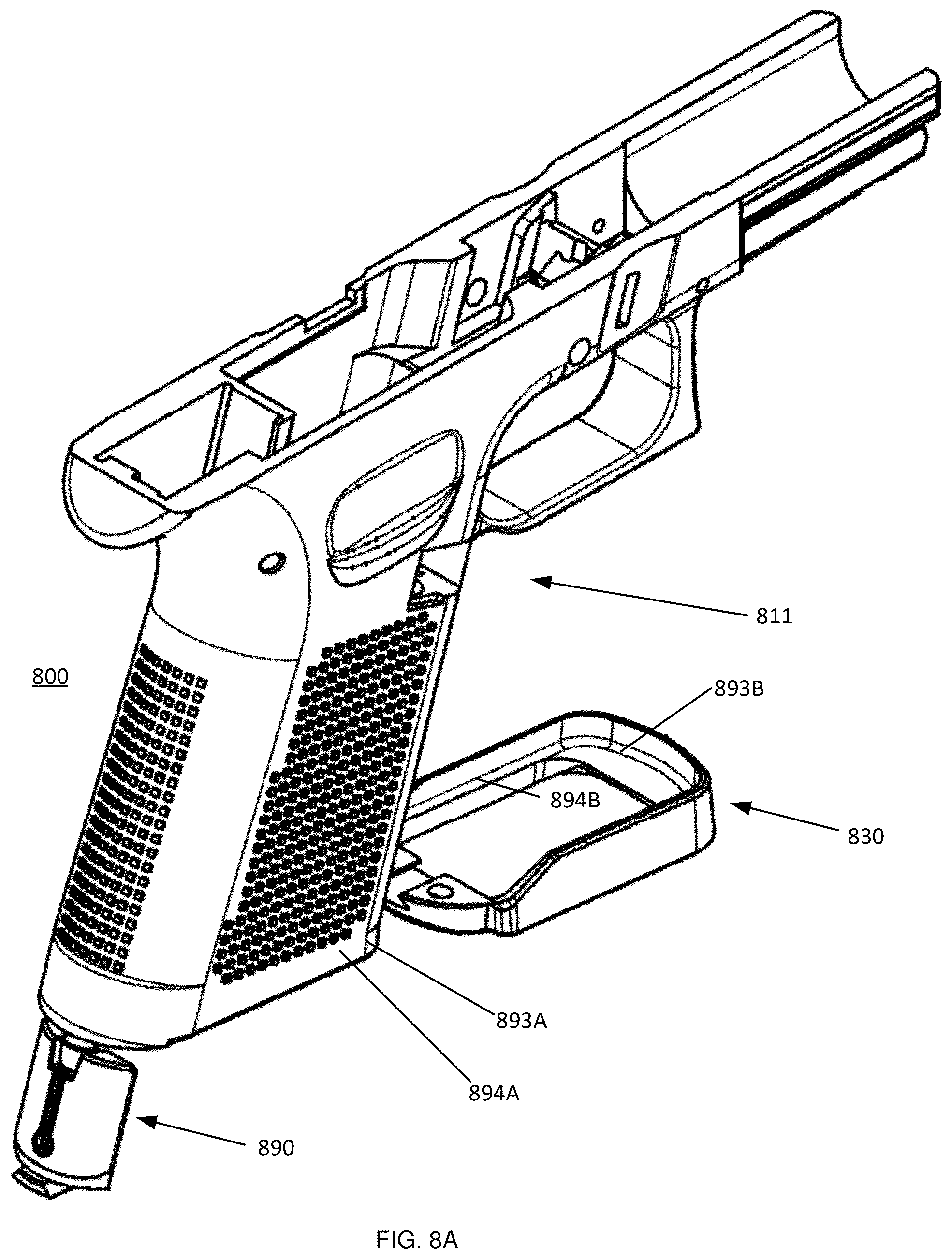 Patent US12339094 Figure 8 – Attaching a grip attachment or other attachment in a recoil environment at threadless region(s)
