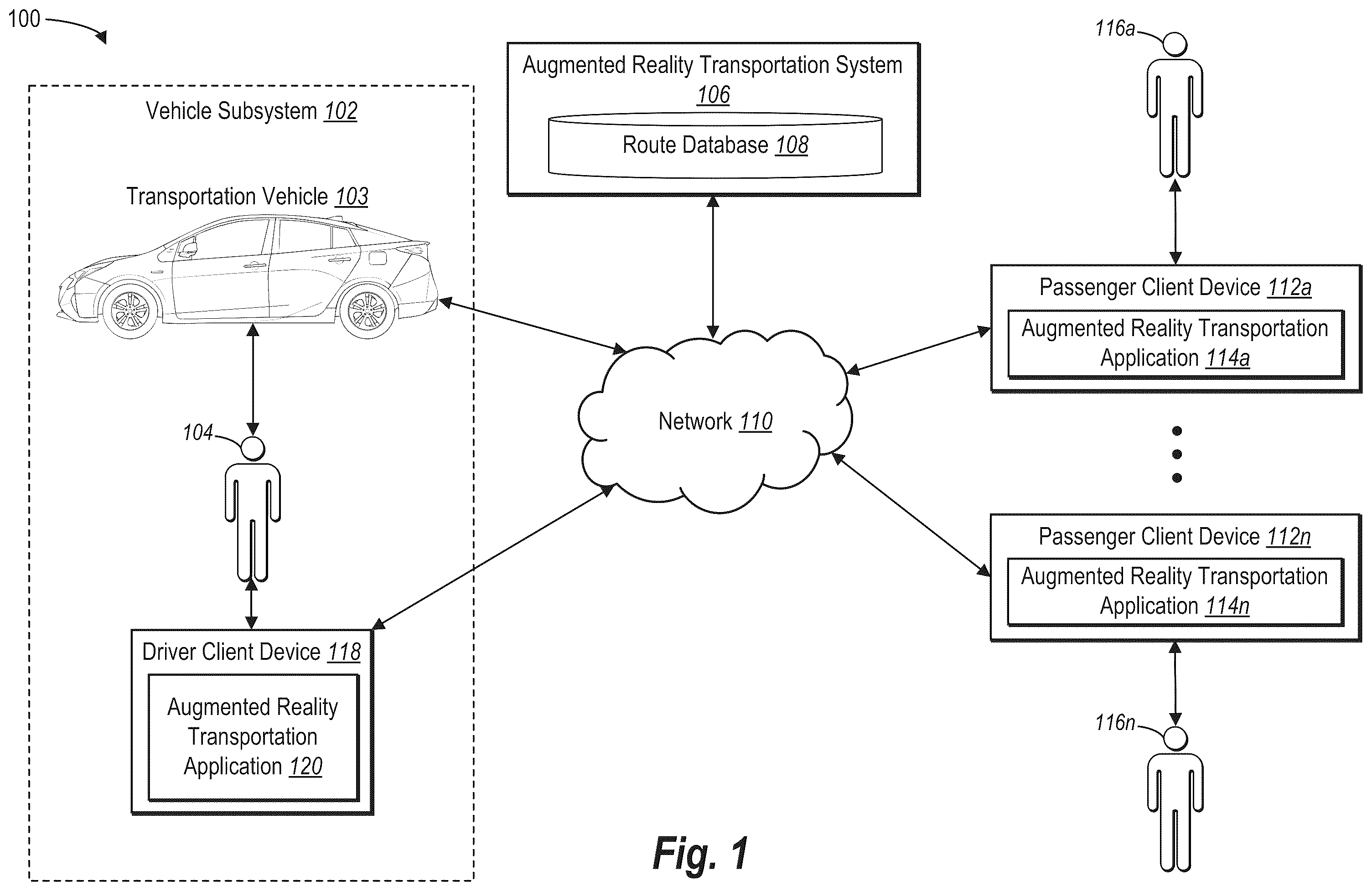 Patent US12339134 Figure 1 – Providing information to users of a transportation system using augmented reality elements