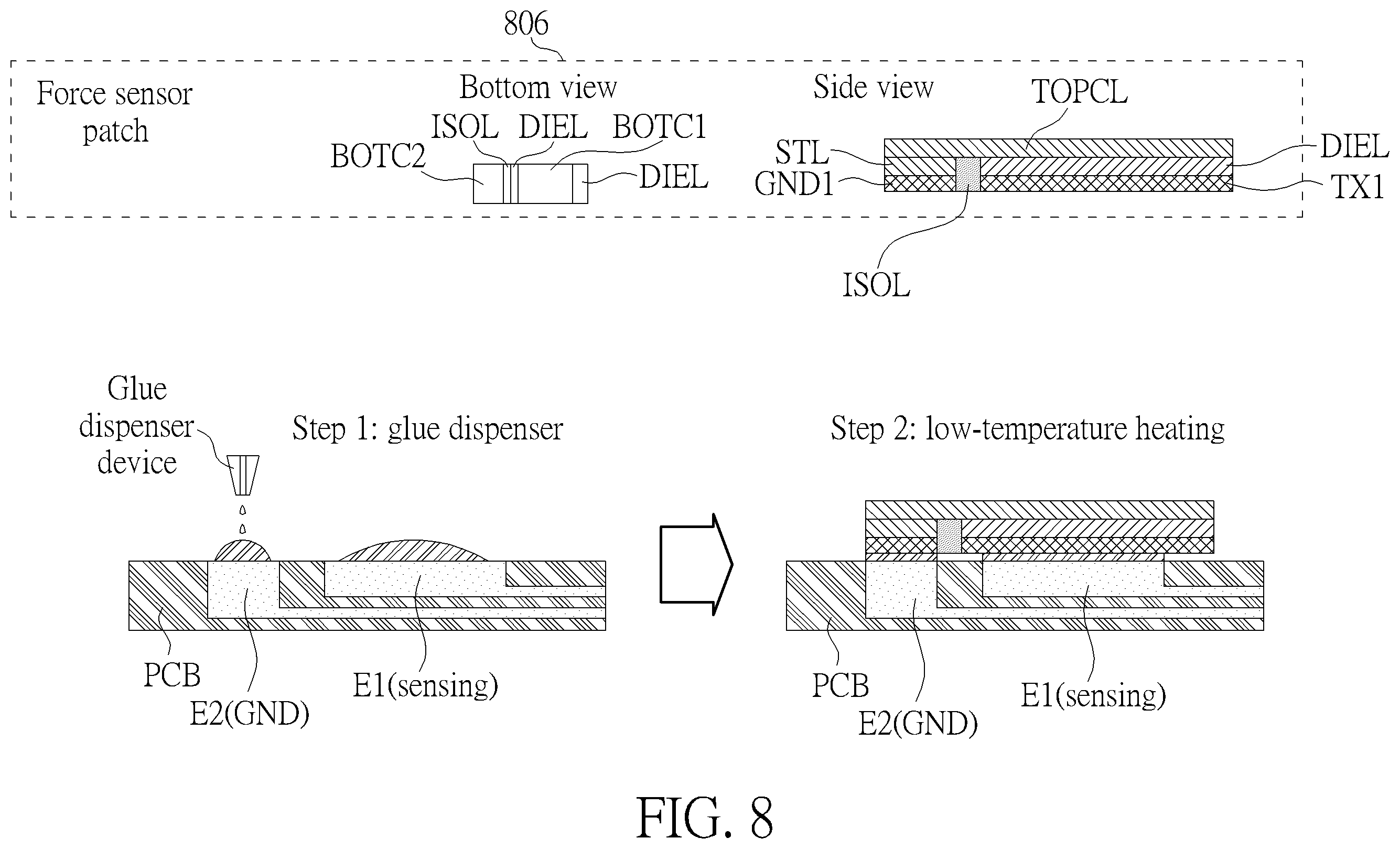 Patent US12339178 Figure 8 – Mechanism for assembling force sensor patch into earphone device