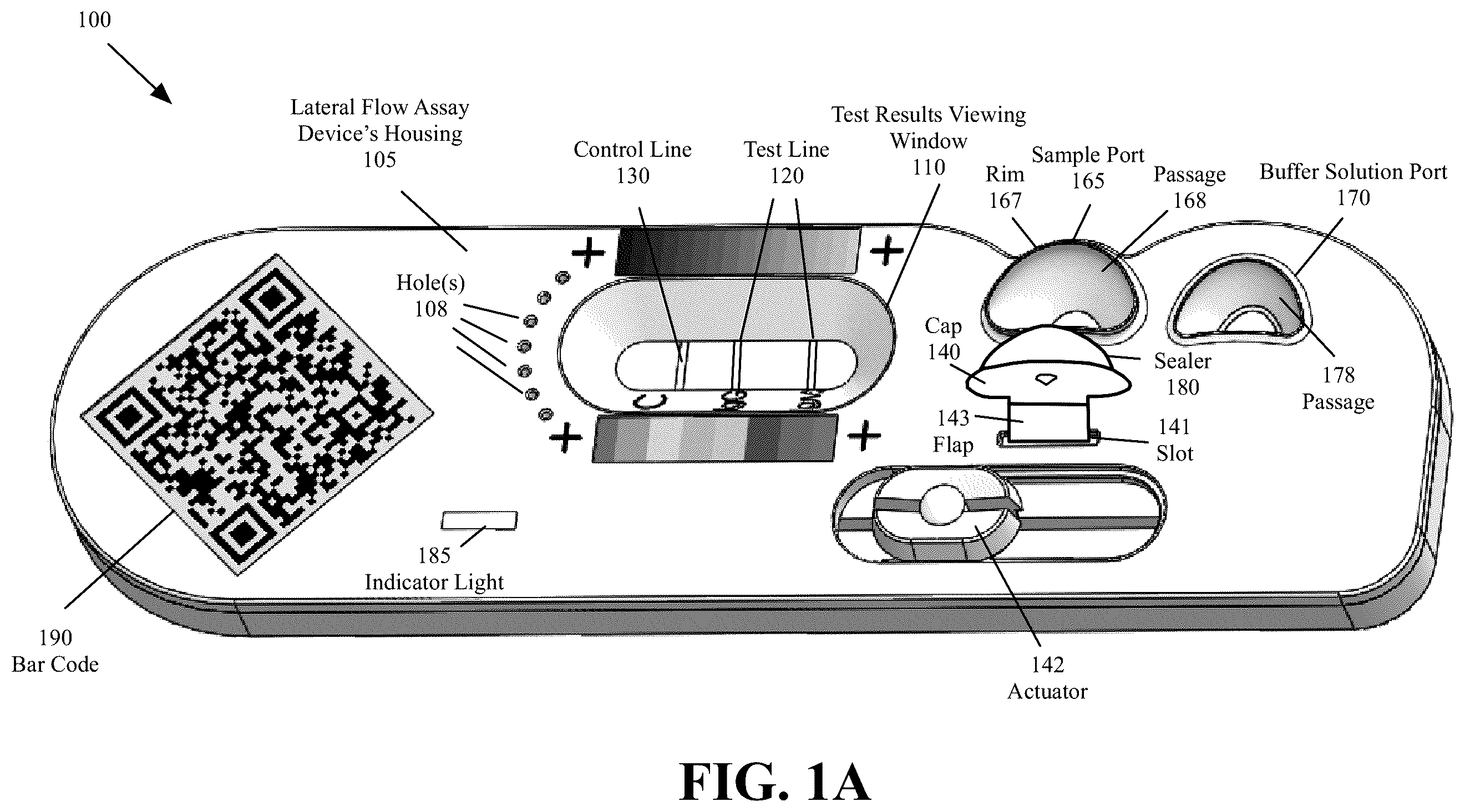 Patent US12339278 Figure 1 – Lateral flow assay housing with integrated sample and buffer solution delivery and measurement