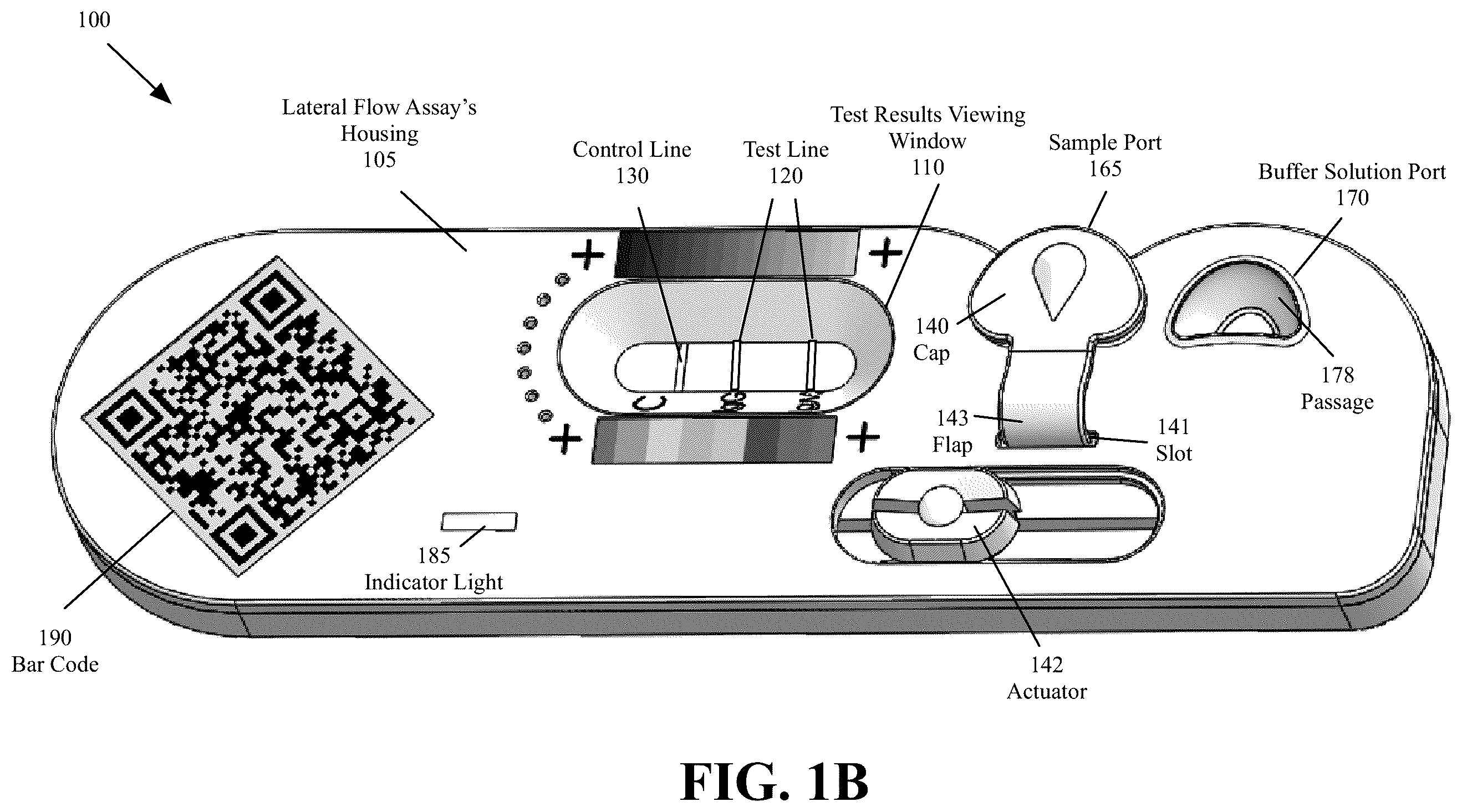 Patent US12339278 Figure 2 – Lateral flow assay housing with integrated sample and buffer solution delivery and measurement