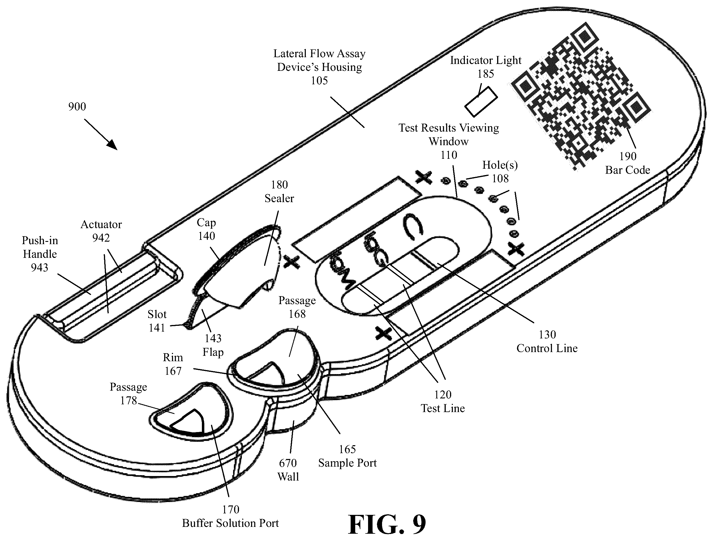Patent US12339278 Figure 10 – Lateral flow assay housing with integrated sample and buffer solution delivery and measurement