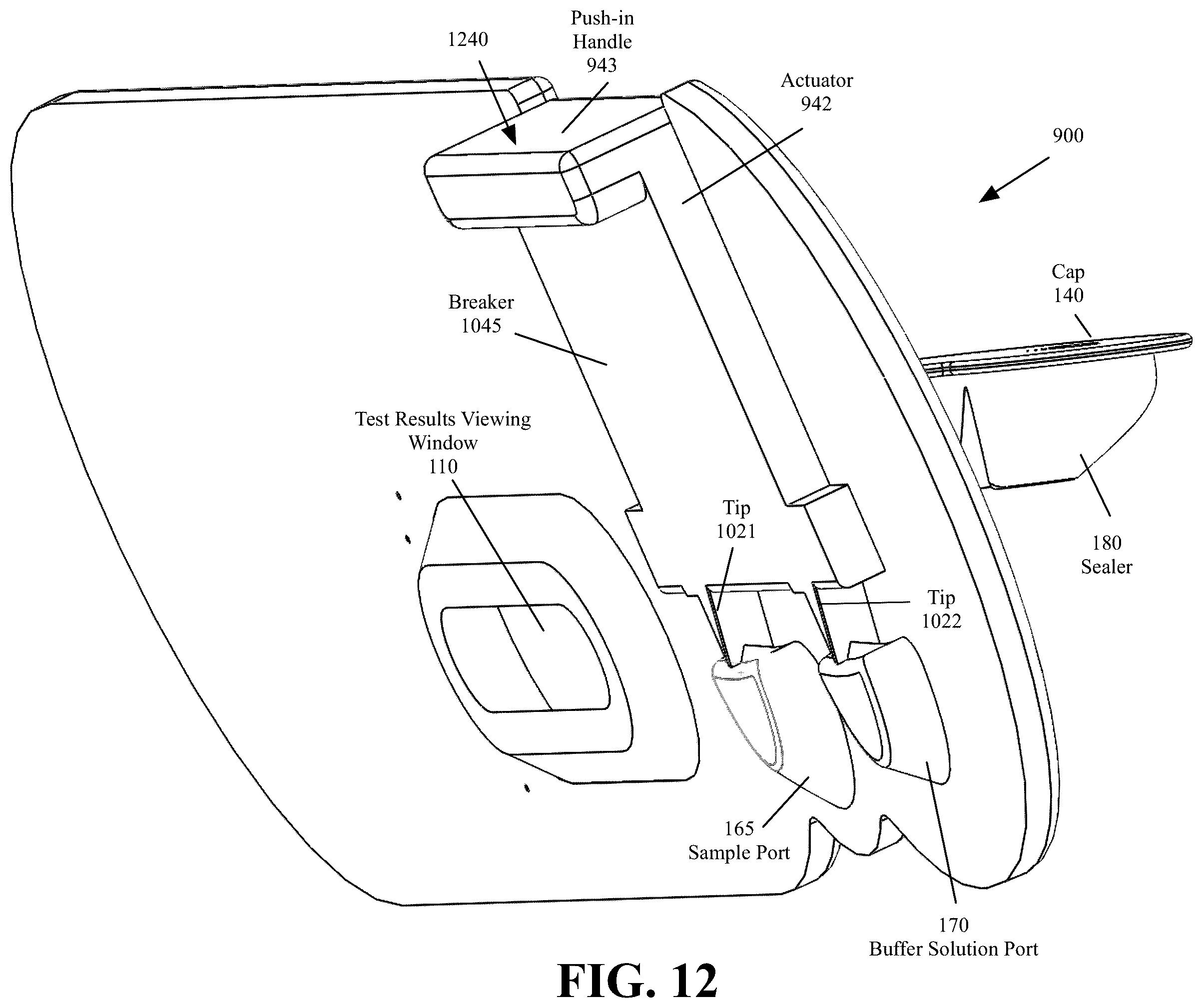 Patent US12339278 Figure 13 – Lateral flow assay housing with integrated sample and buffer solution delivery and measurement