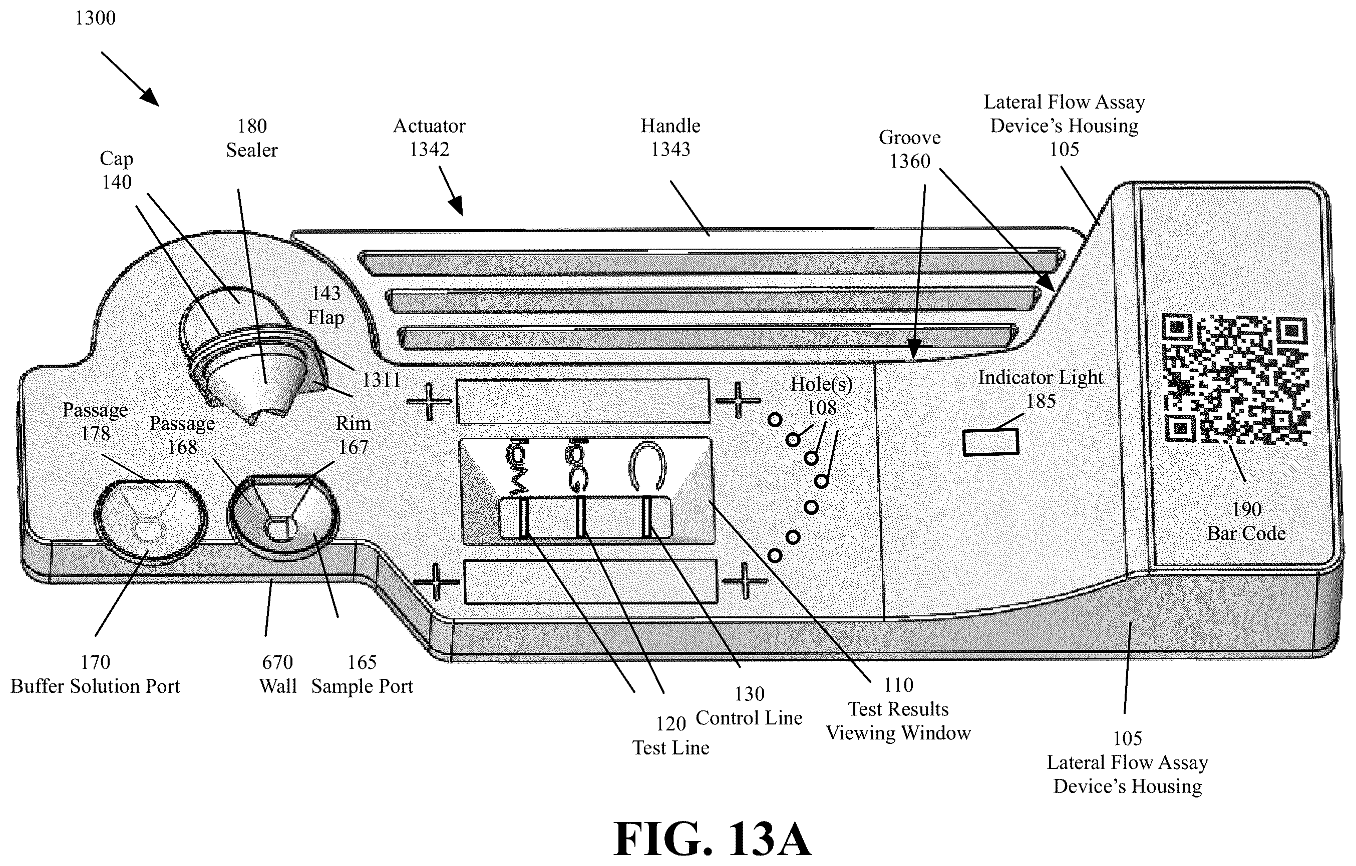 Patent US12339278 Figure 14 – Lateral flow assay housing with integrated sample and buffer solution delivery and measurement