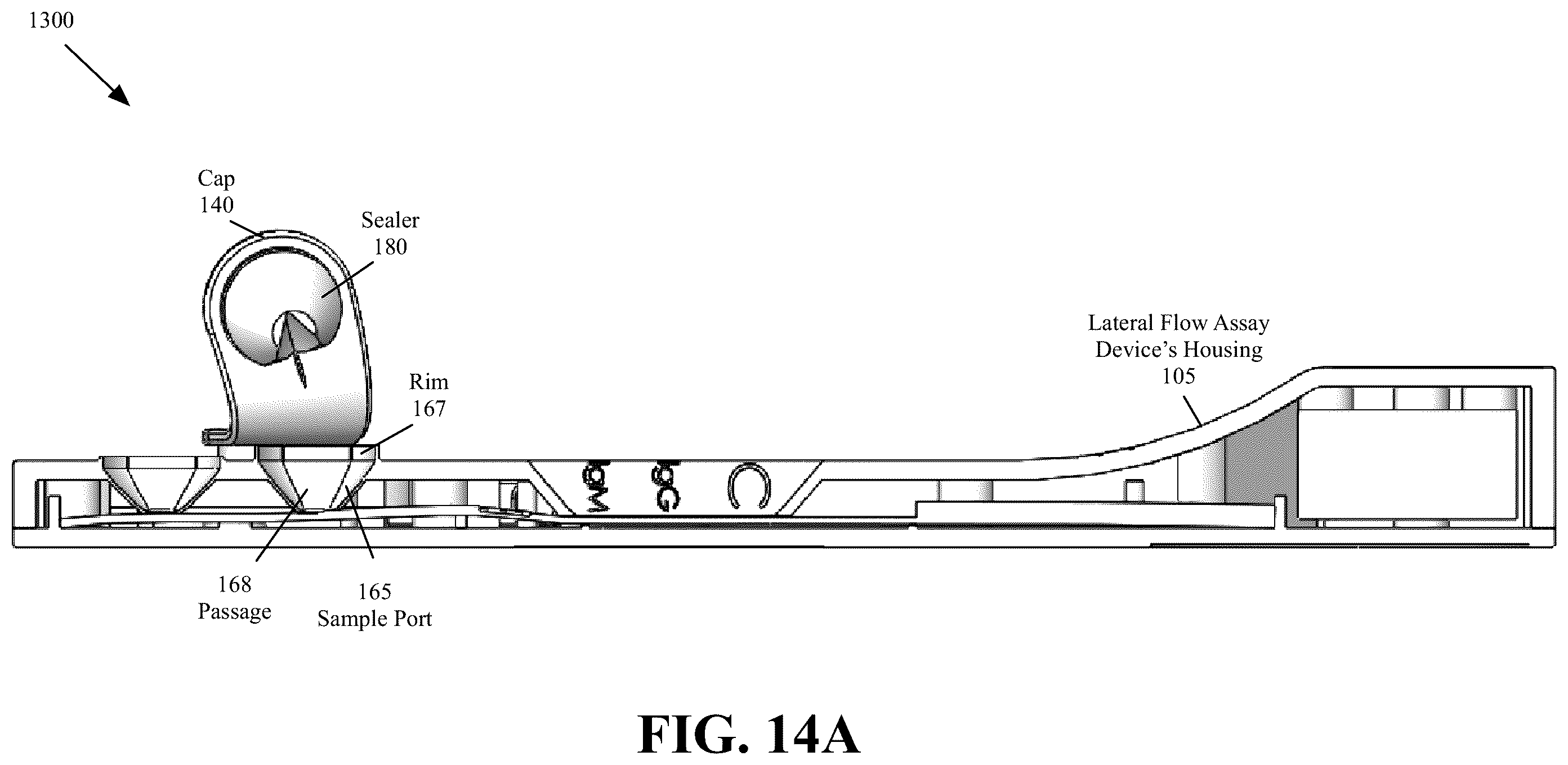 Patent US12339278 Figure 16 – Lateral flow assay housing with integrated sample and buffer solution delivery and measurement