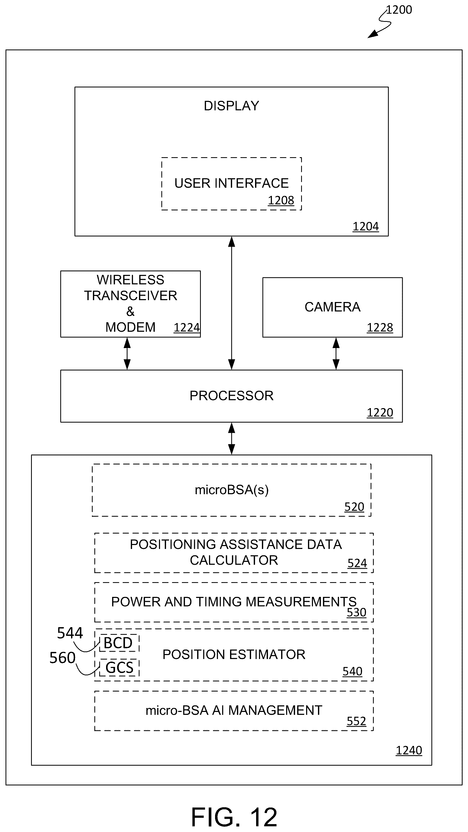 Patent US12339383 Figure 12 – Mobile-based positioning using assistance data provided by onboard micro-BSA