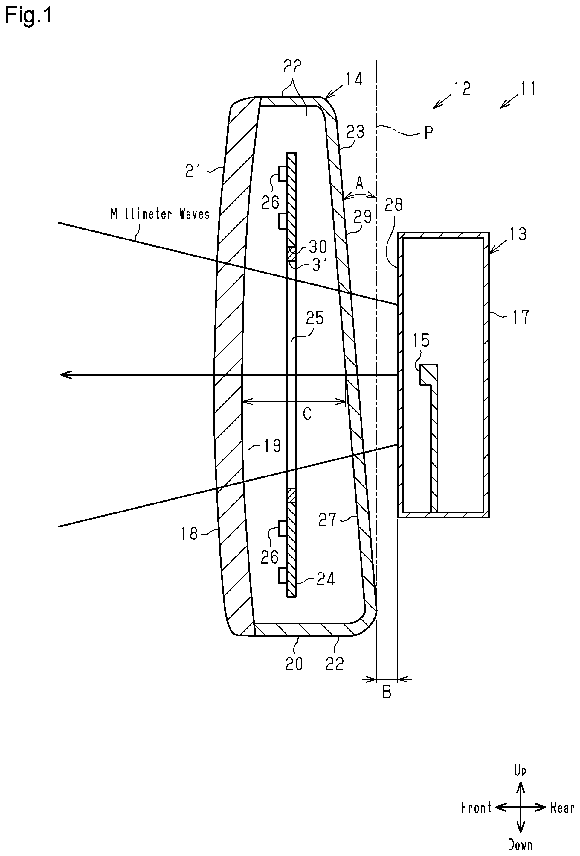 Patent US12339388 — Vehicle exterior component and electromagnetic wave radar system — Figure 1
