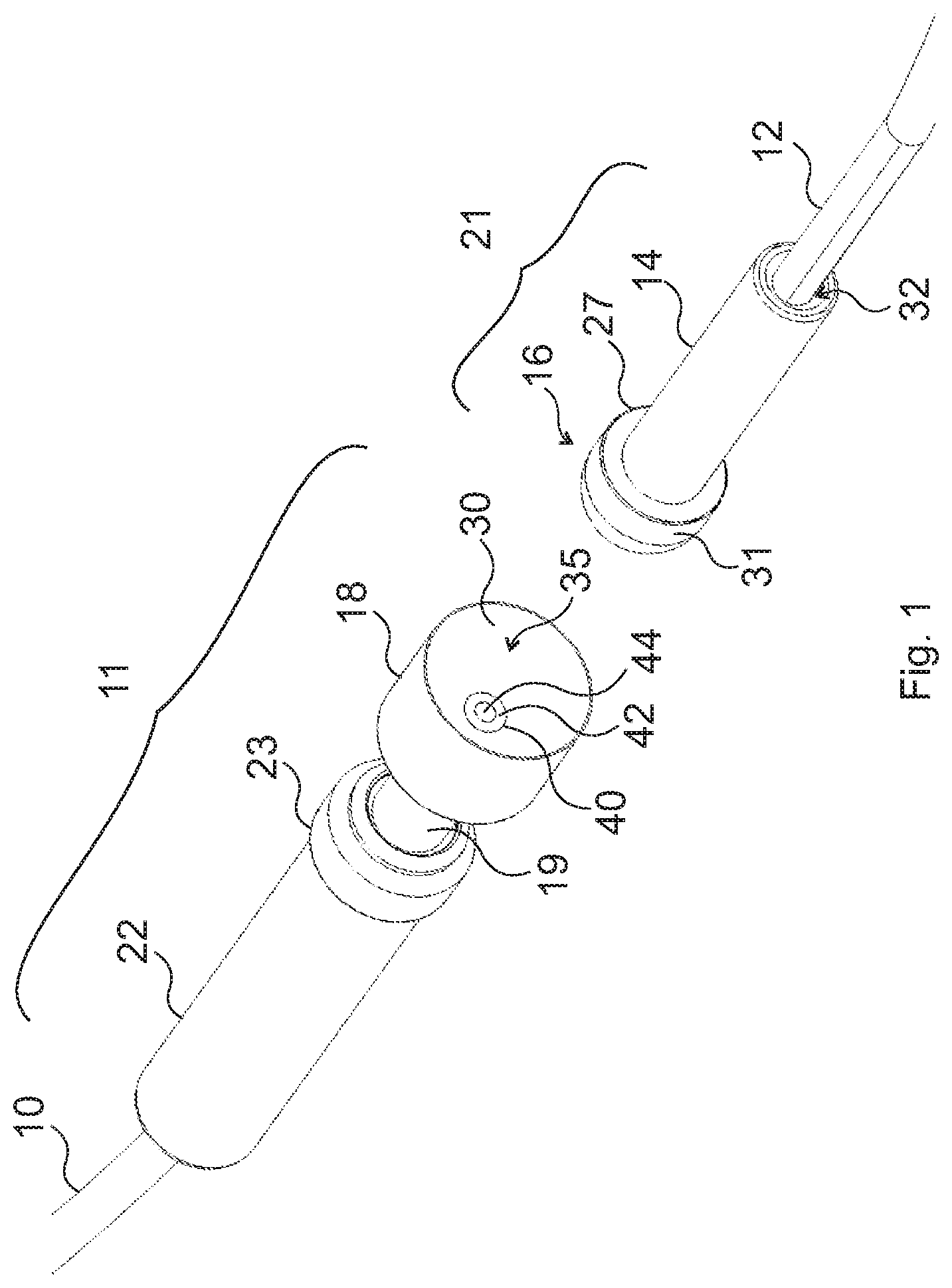 Patent US12339500 Figure 1 – Connector structure for connecting optical conduits, crimping device and push-out device therefor, and light blocking element for a connector part